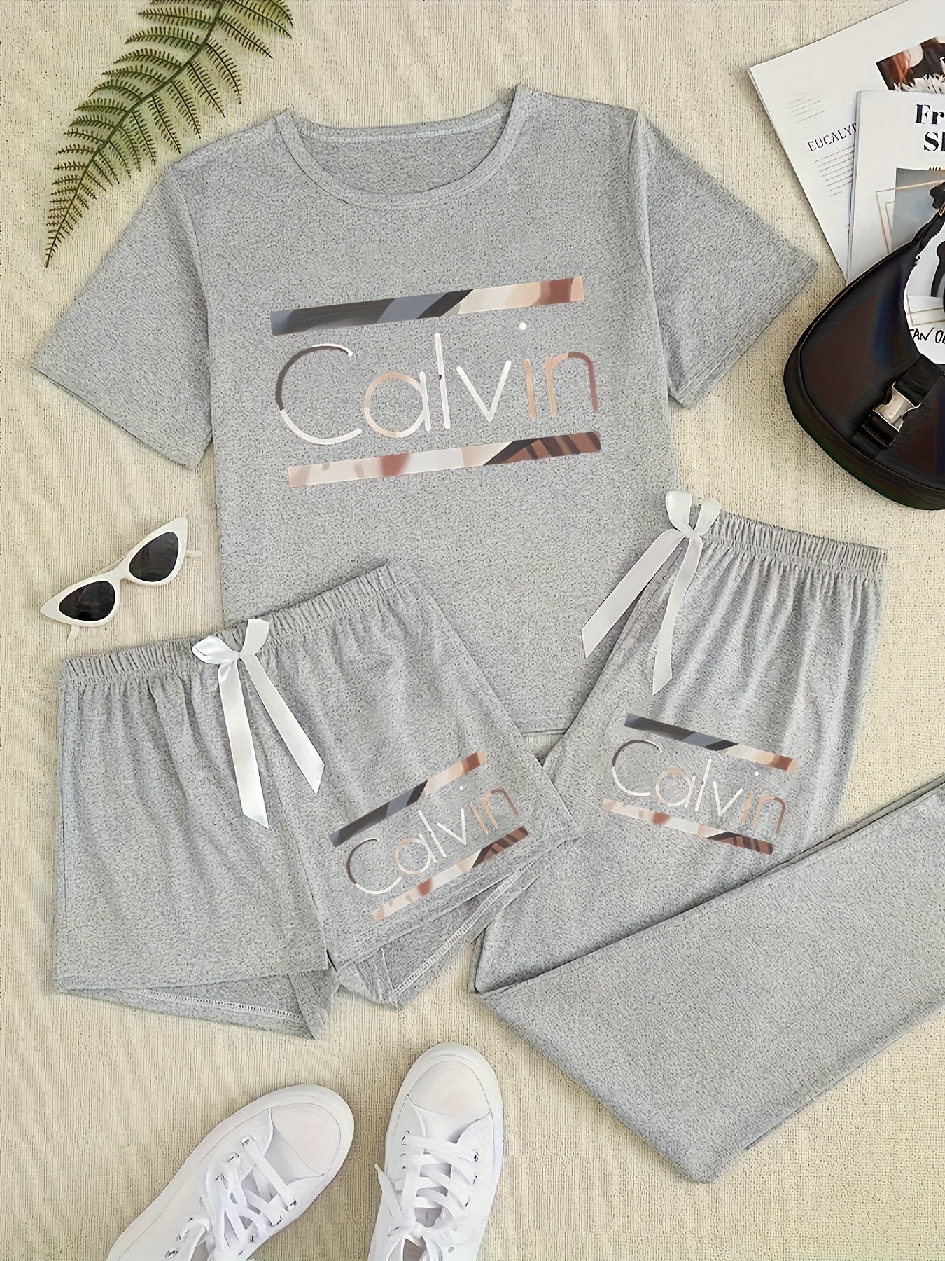 Three-Piece Pajama Set for Women with Calvin Print