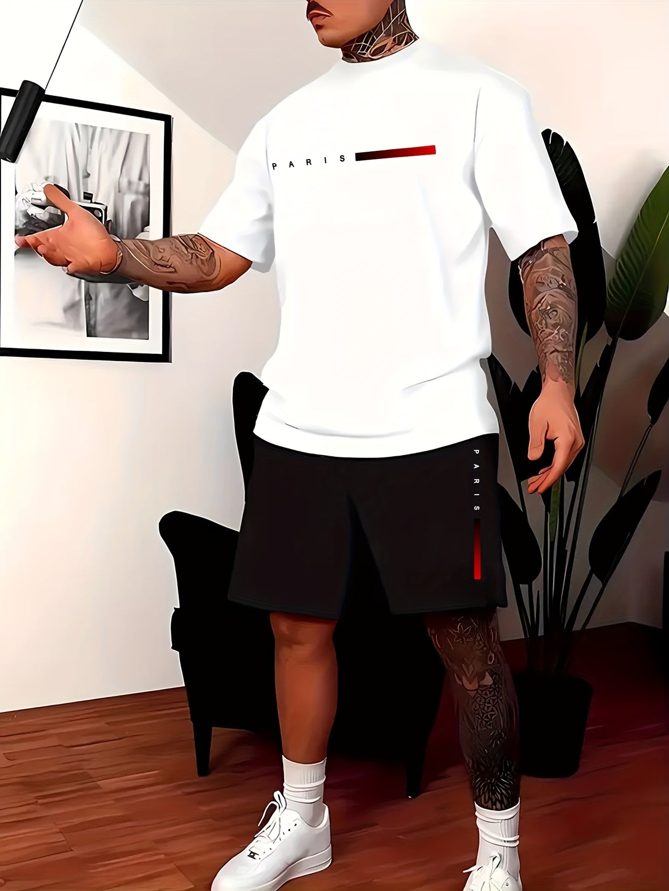 2Pcs Summer Comfy Outfits - Paris Pattern Print Short Sleeve Crew Neck T-shirt & Jogger Shorts Set for Men - Soft Slight Stretch Polyester Fabric, Regular Fit, Hand Washable, Casual Style