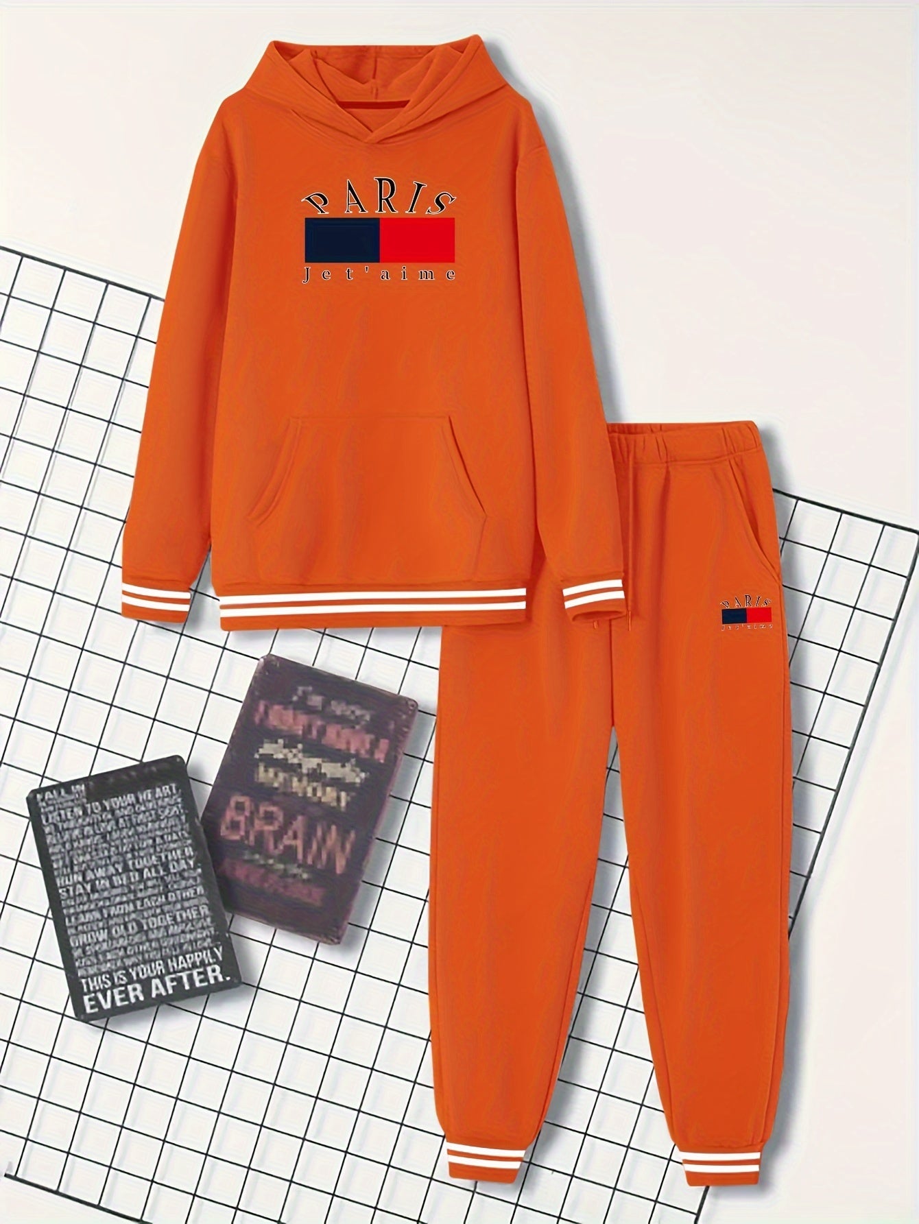 2-piece PARIS Print Men's Spring Fall Sports Outfit Set, Men's Hooded Sweatshirt With Kangaroo Pocket & Drawstring Sweatpants Set