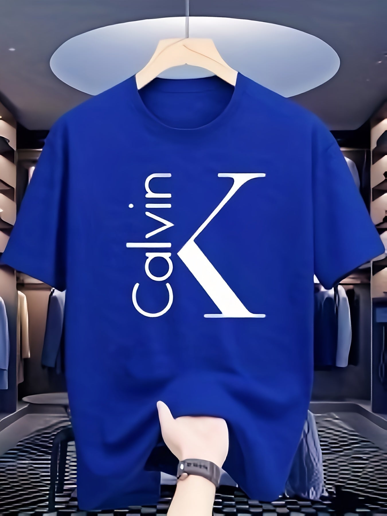 Men'S 180g Pure Cotton Business Casual T - Shirt, Featuring A Bold "Calvin" Print And Badge Design, Round - Neck Short - Sleeves, Versatile For Business, Perfect For Summer Daily Wear, Machine Washable, Suitable For All Seaso
