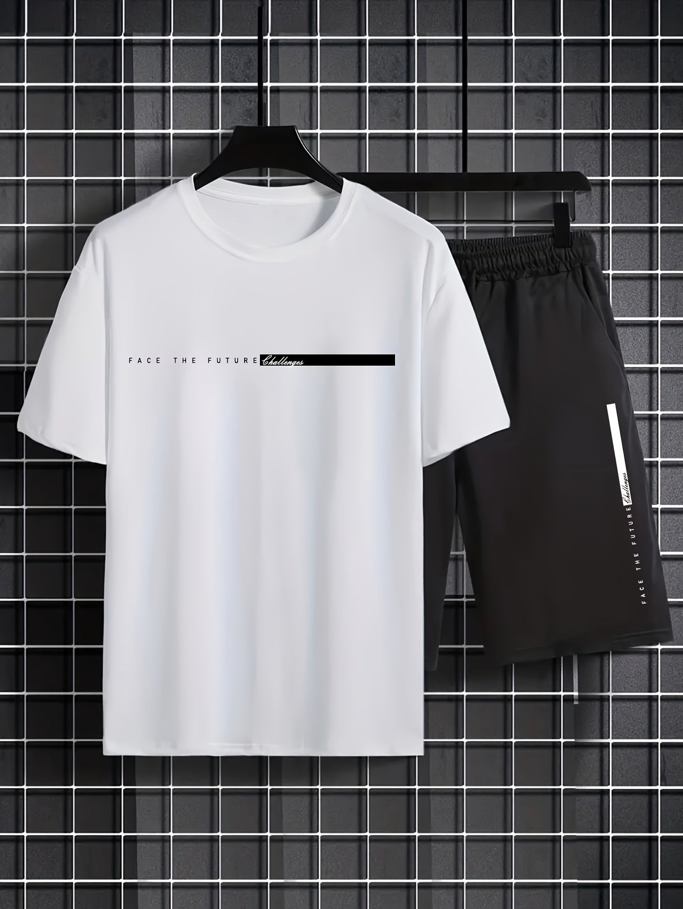 2Pcs Summer Comfy Outfits - Paris Pattern Print Short Sleeve Crew Neck T-shirt & Jogger Shorts Set for Men - Soft Slight Stretch Polyester Fabric, Regular Fit, Hand Washable, Casual Style