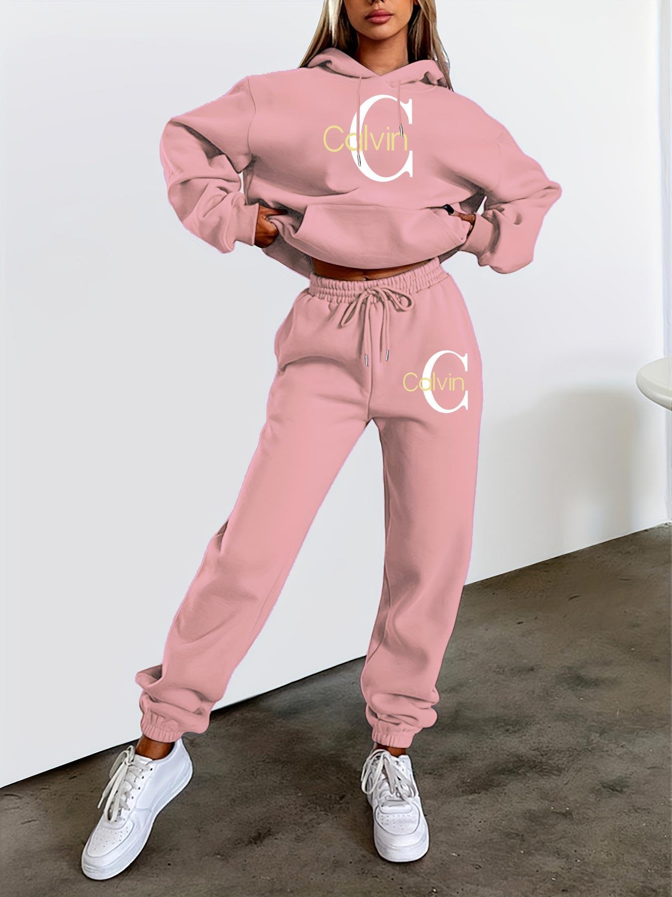Women'S Printed Sweatshirt & Pants Set - Gray Pullover with "Calvin" Logo, Kangaroo Pocket, Machine Washable, Casual Wear, Casual Wear|Graphic Hoodie|Machine Washable Top, Sweater Hoodie