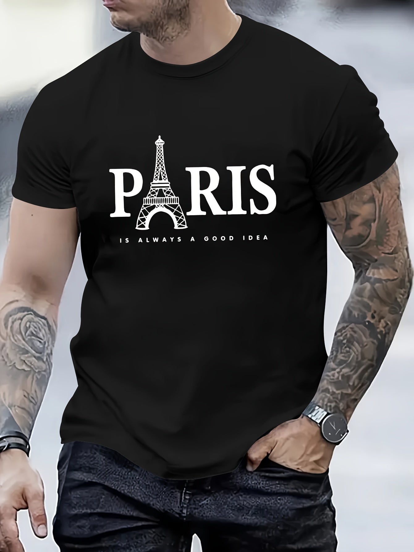 Paris Tower Printed Men's Casual Trendy Fashion Crew Neck T-shirt