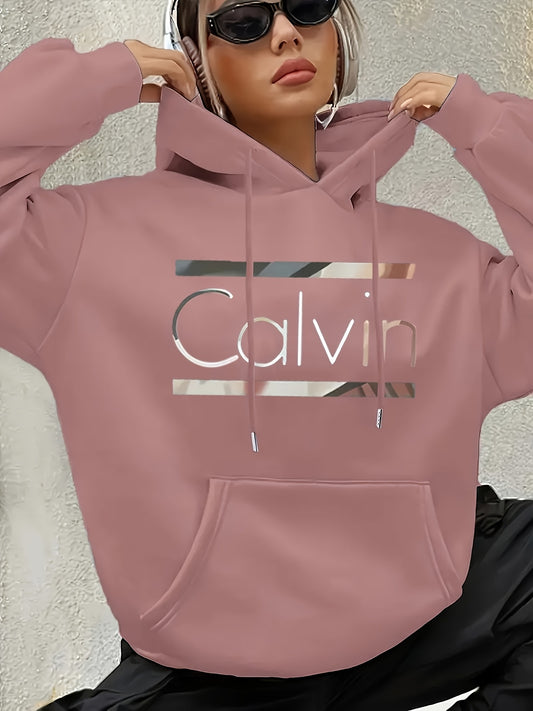 [Cozy Calvin Hoodie] Cozy Polyester Women's "Calvin" Graphic Hoodie | Casual Green Letter Print Pullover with Drawstrings, Long Sleeves, and Front Pocket