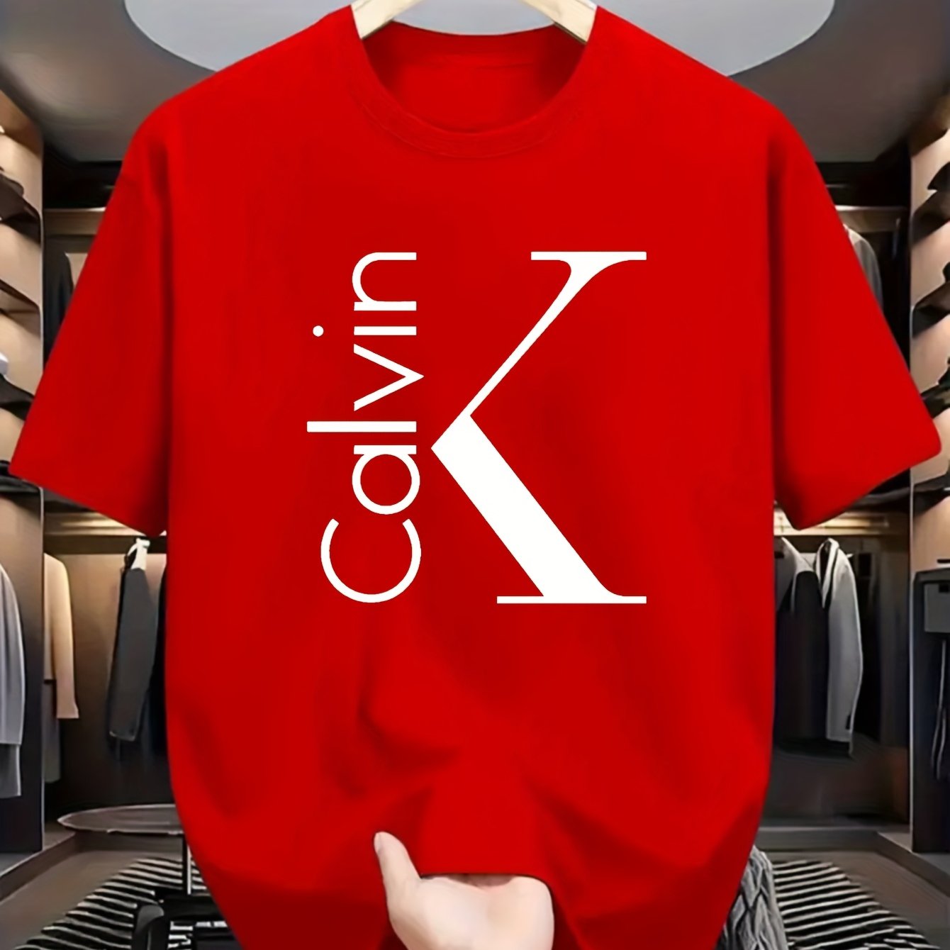 Men'S 180g Pure Cotton Business Casual T - Shirt, Featuring A Bold "Calvin" Print And Badge Design, Round - Neck Short - Sleeves, Versatile For Business, Perfect For Summer Daily Wear, Machine Washable, Suitable For All Seaso