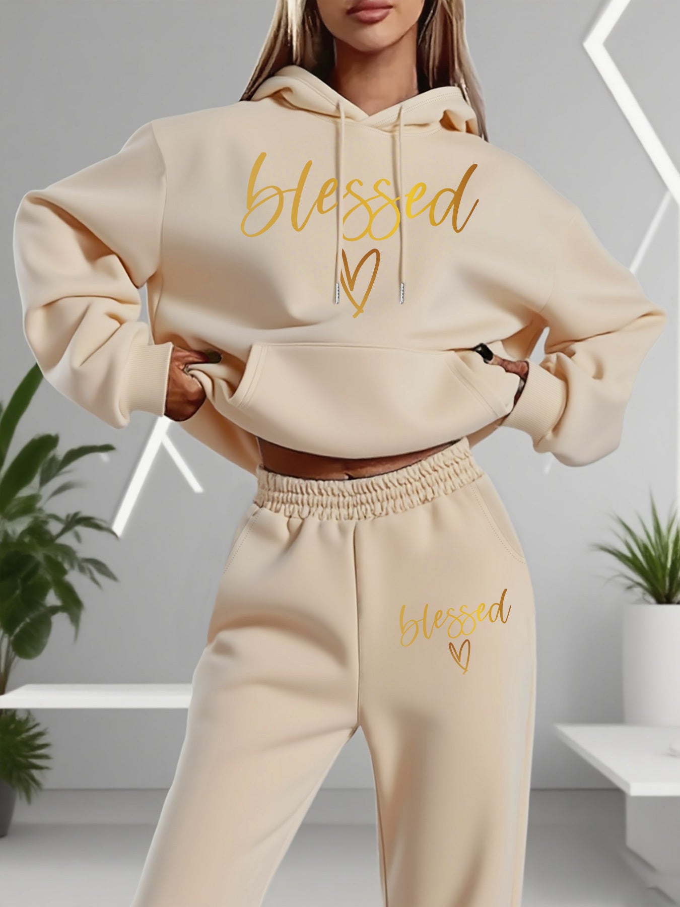 [Fleece-Lined | Casual Set] Fleece-Lined Women's Casual Hoodie & Pants Set - "Blessed" Graphic Print, Drawstring Waist, All-Season Comfort, Casual Attire, Wear, Style