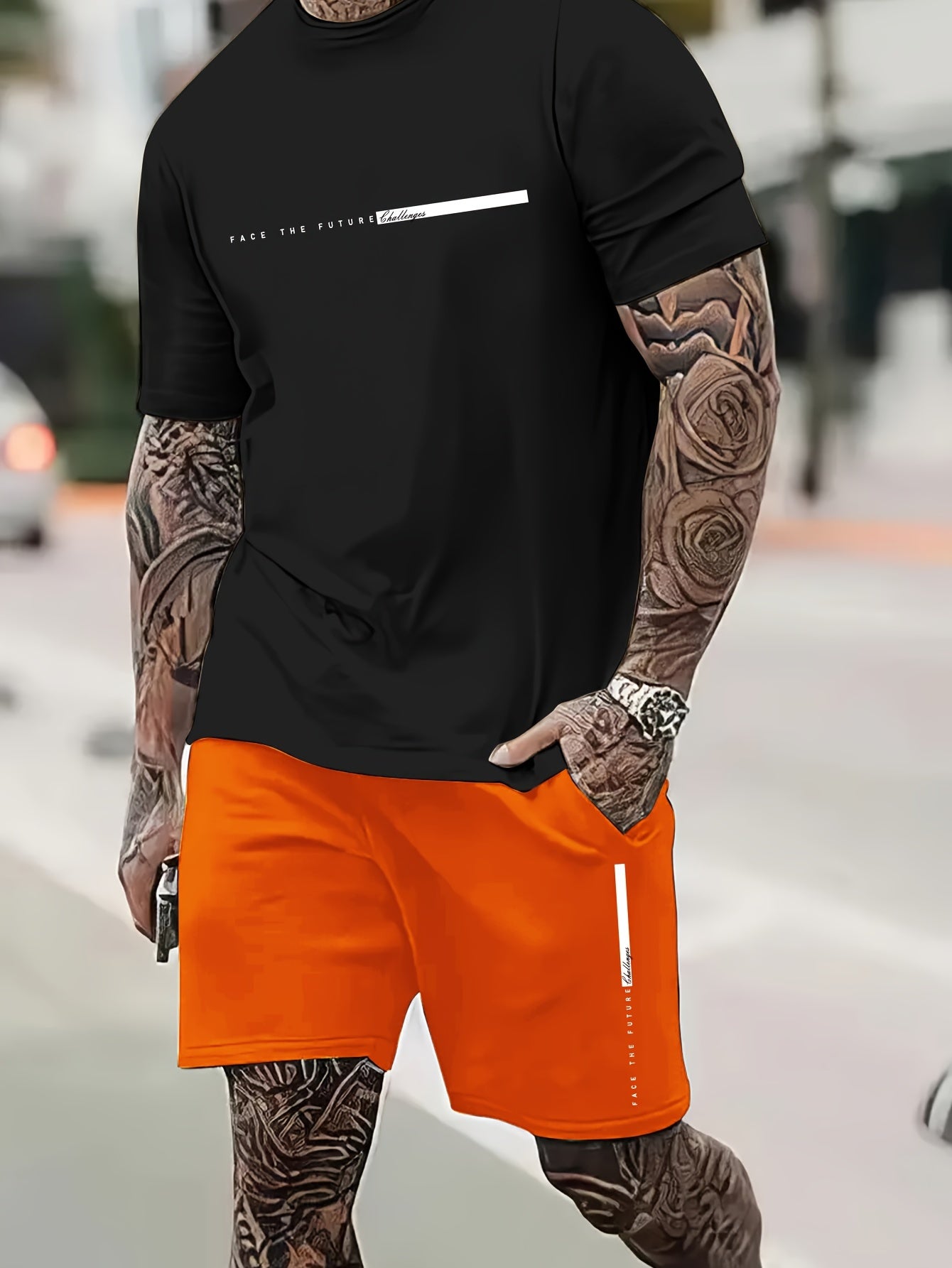 2Pcs Summer Comfy Outfits - Paris Pattern Print Short Sleeve Crew Neck T-shirt & Jogger Shorts Set for Men - Soft Slight Stretch Polyester Fabric, Regular Fit, Hand Washable, Casual Style