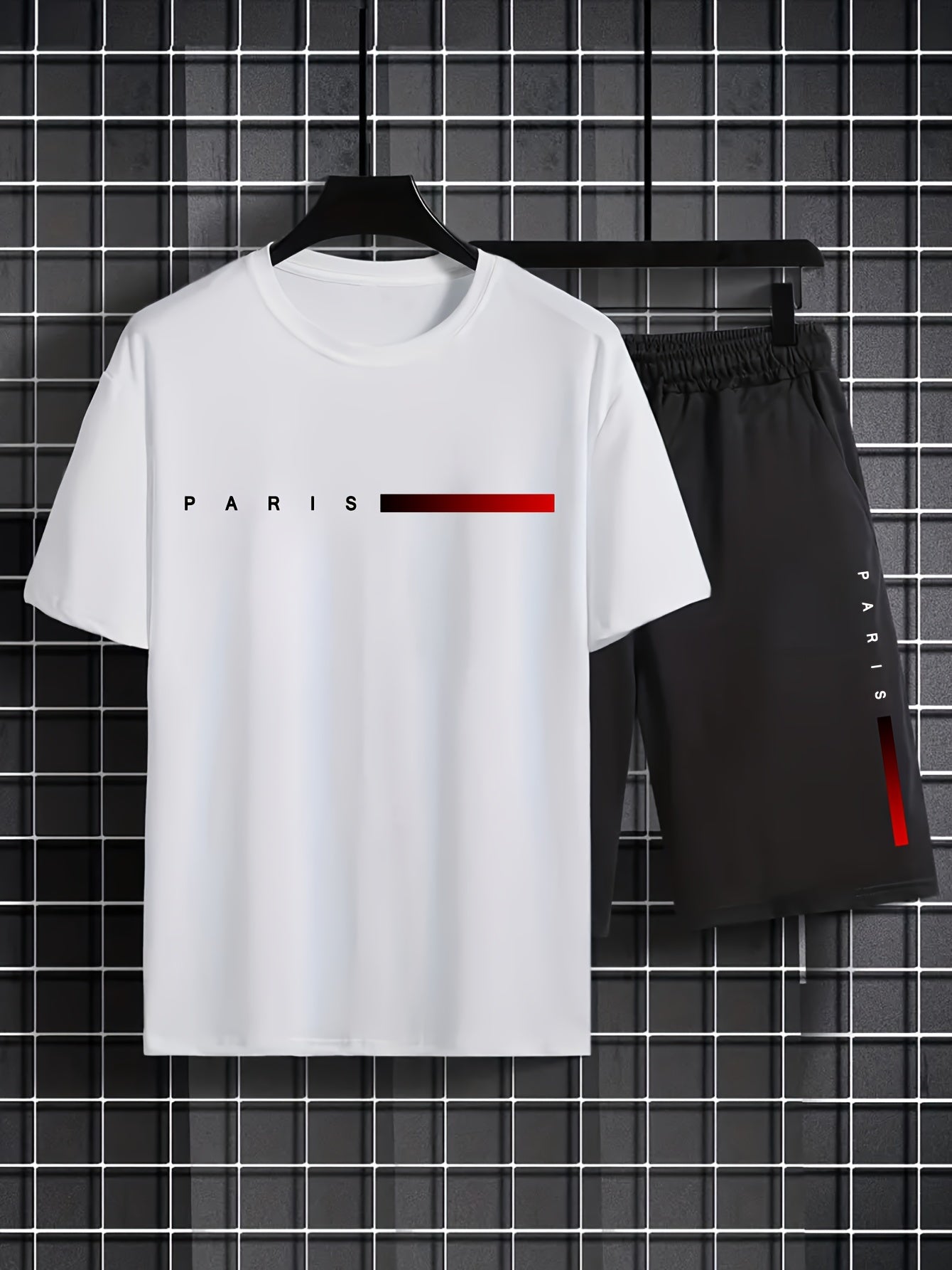 2Pcs Summer Comfy Outfits - Paris Pattern Print Short Sleeve Crew Neck T-shirt & Jogger Shorts Set for Men - Soft Slight Stretch Polyester Fabric, Regular Fit, Hand Washable, Casual Style