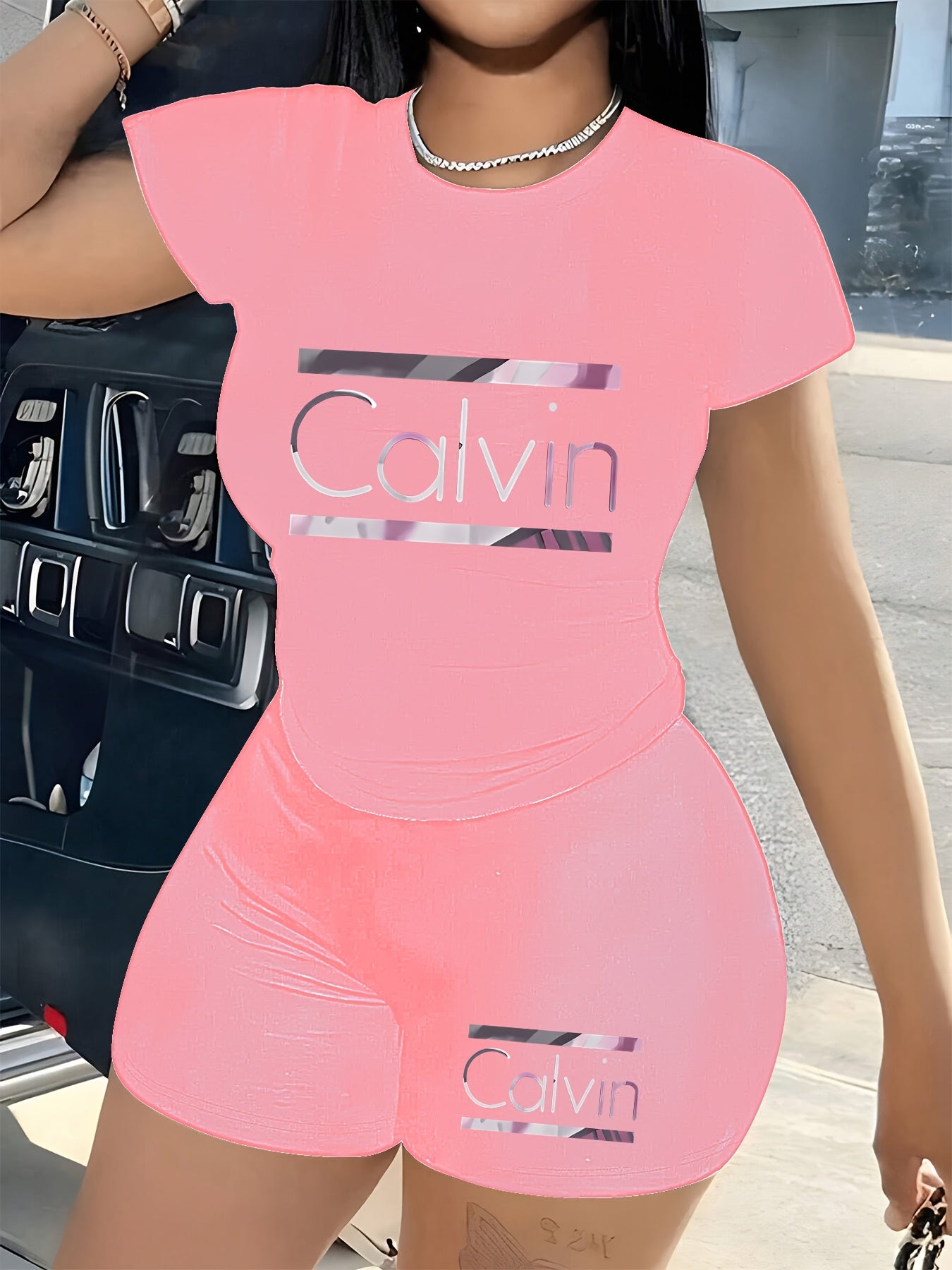 Women'S Calvin Print Red Two-Piece Casual Sportswear Set - Short Sleeve Crop Top & High-Waisted Shorts, Stretchy Polyester Blend, Round Neck, All-Season Comfort, High Waisted