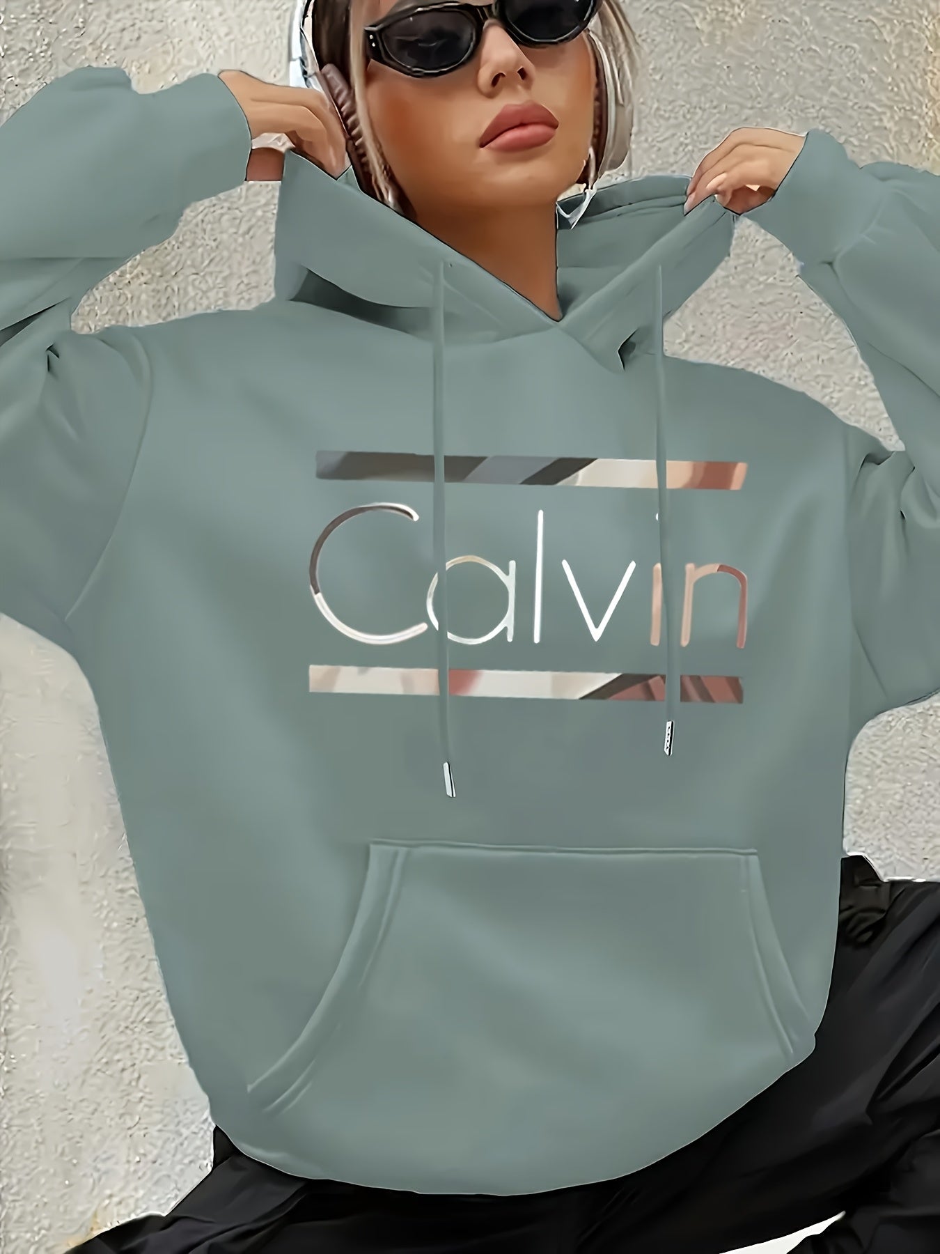 [Cozy Calvin Hoodie] Cozy Polyester Women's "Calvin" Graphic Hoodie | Casual Green Letter Print Pullover with Drawstrings, Long Sleeves, and Front Pocket