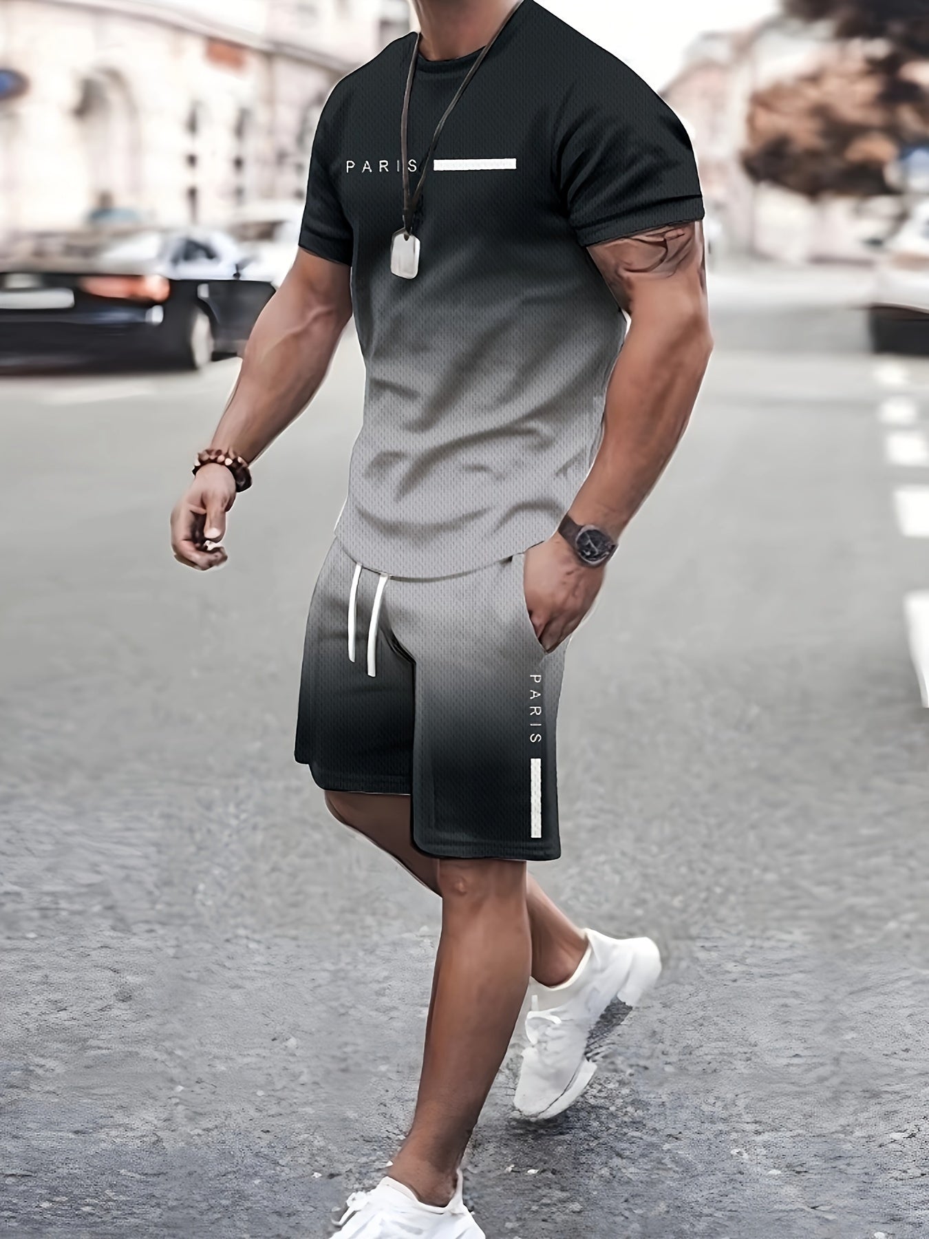 Men's Two-piece Set Of Gradient Color Tops And Shorts, Letter Print "PARIS" Crew Neck And Short Sleeve T-shirt And Shorts With Drawstring And Pockets, Casual And Trendy Set For Summer Outdoors Wear