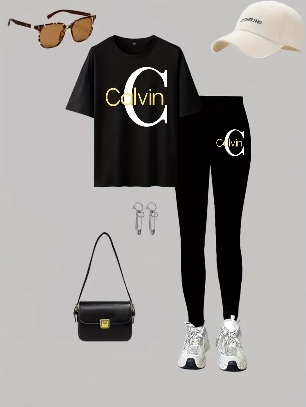 Women'S Plus Size Casual Activewear Set - Short Sleeve Graphic Tee & Pants, Black with White "Calvin" Print, Machine Washable, Perfect for Spring/Summer/Fal