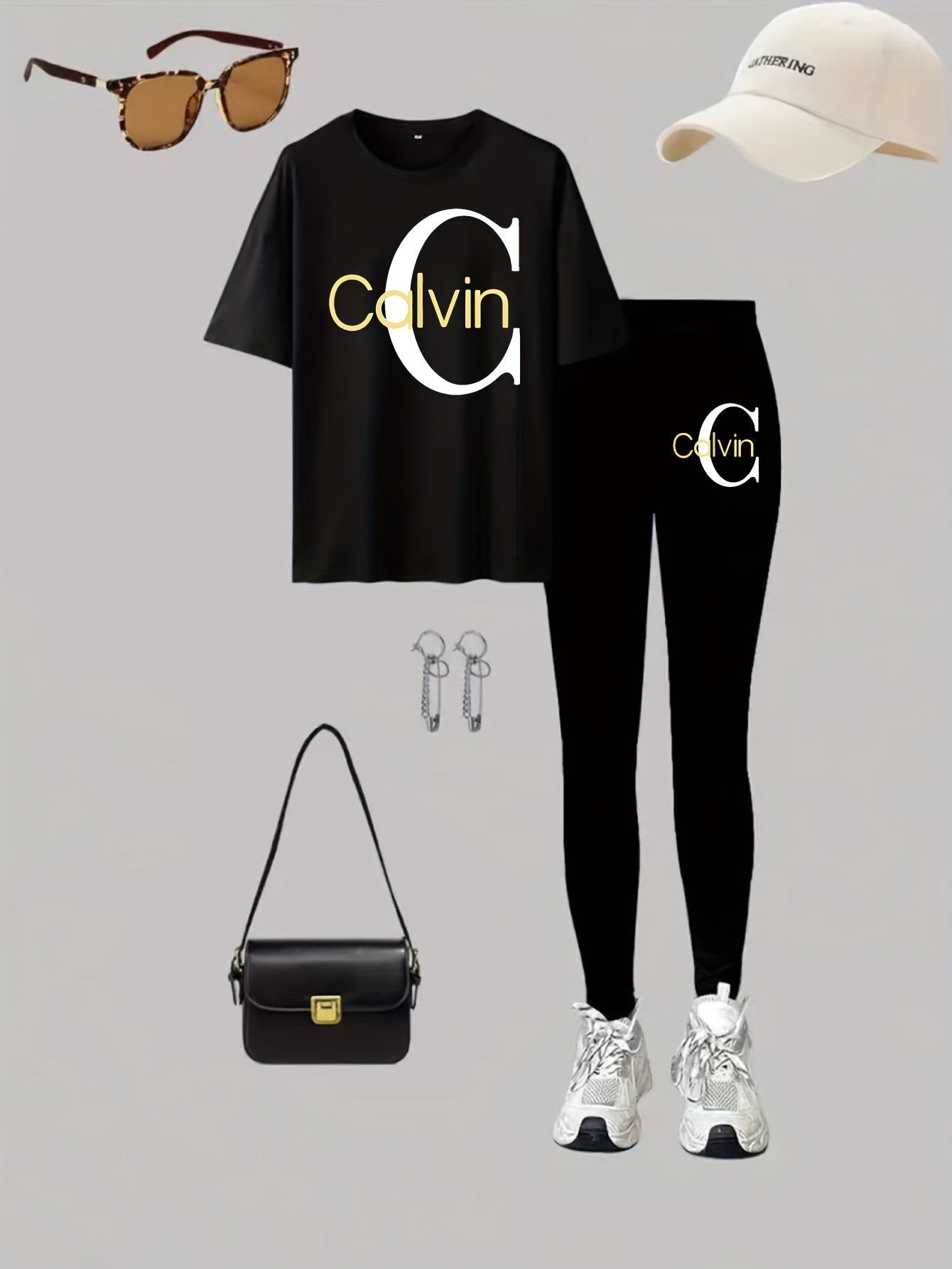 Women'S Plus Size Casual Activewear Set - Short Sleeve Graphic Tee & Pants, Black with White "Calvin" Print, Machine Washable, Perfect for Spring/Summer/Fal
