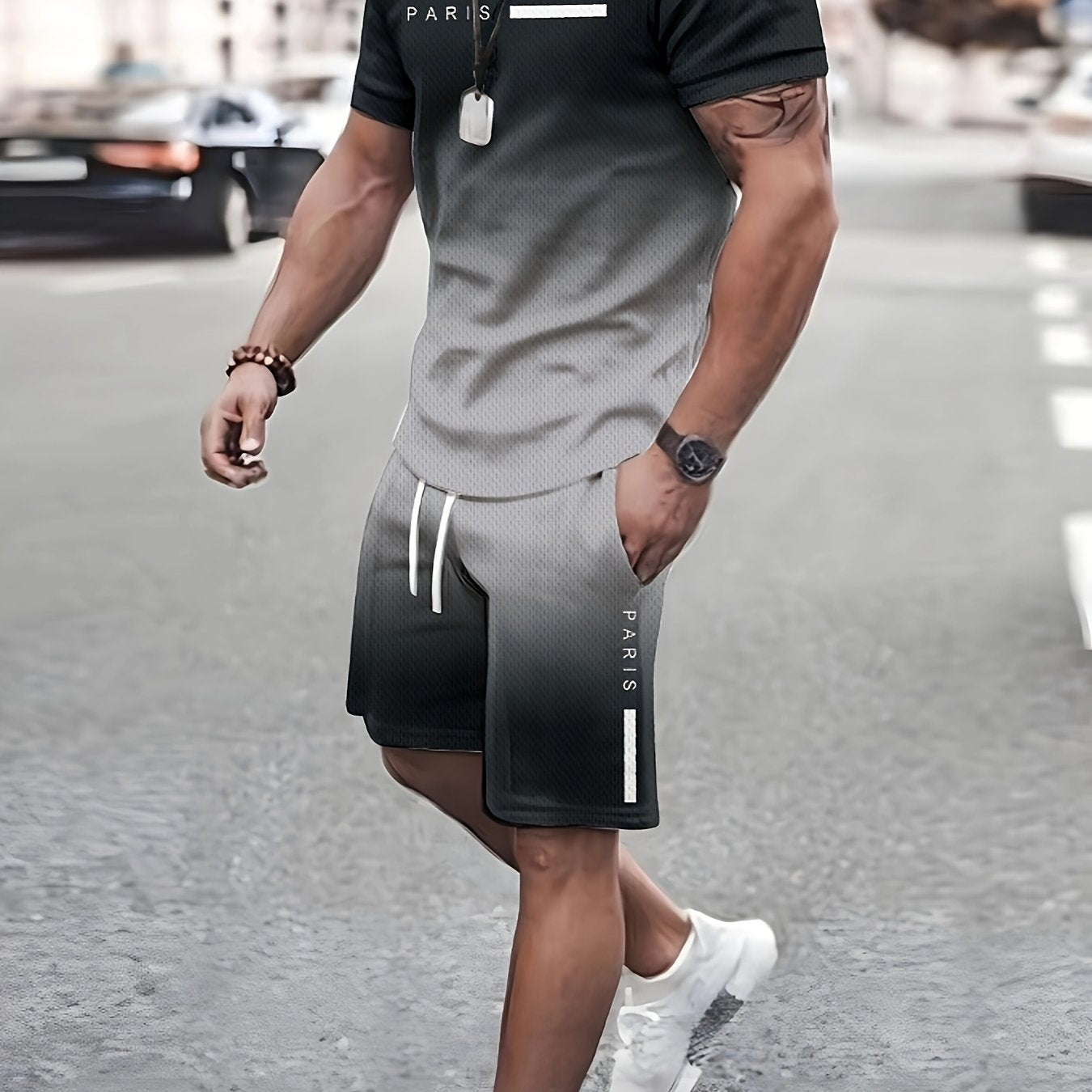 Men's Two-piece Set Of Gradient Color Tops And Shorts, Letter Print "PARIS" Crew Neck And Short Sleeve T-shirt And Shorts With Drawstring And Pockets, Casual And Trendy Set For Summer Outdoors Wear