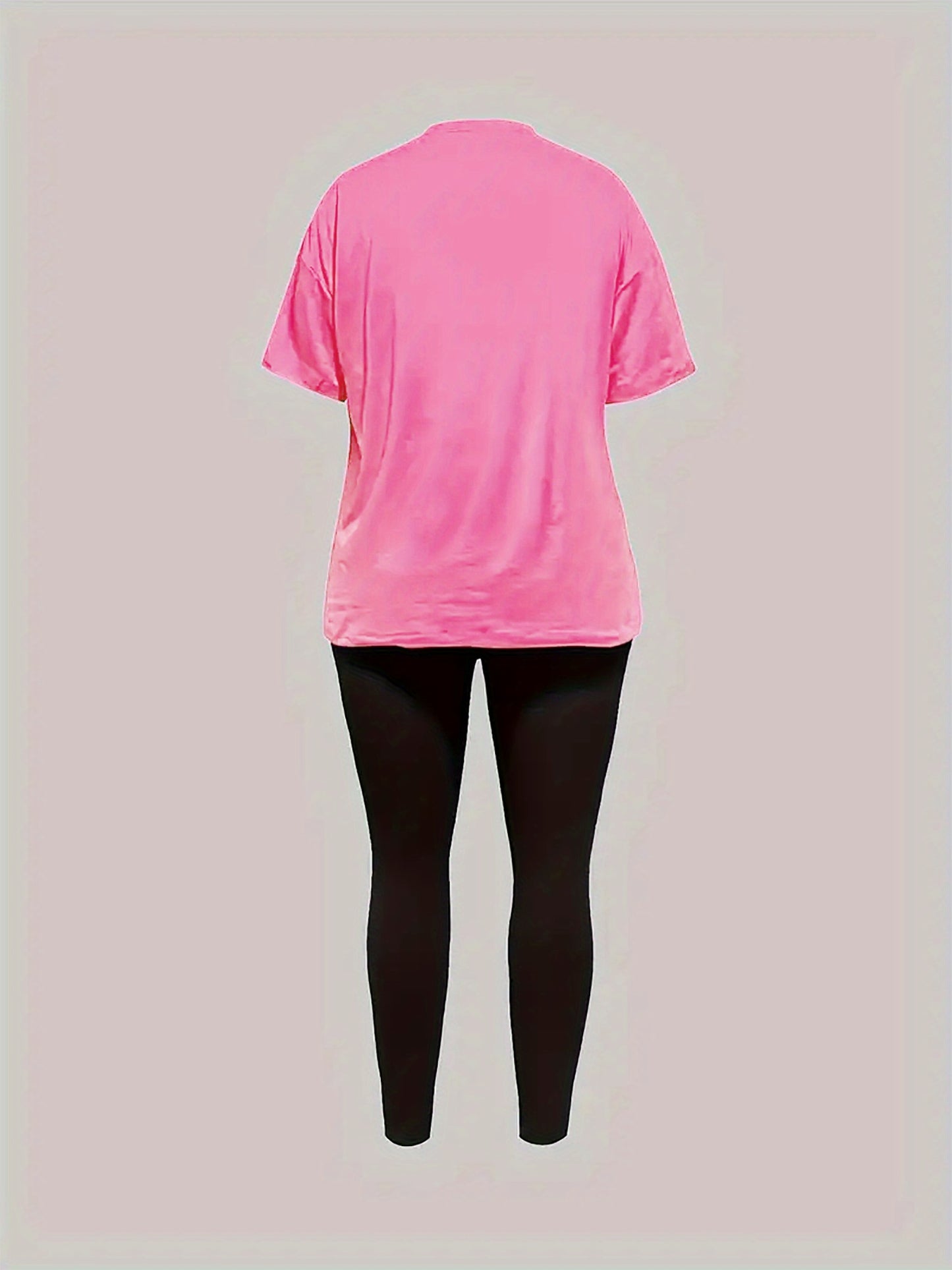 Women'S Plus Size Casual Activewear Set - Short Sleeve Graphic Tee & Pants, Black with White "Calvin" Print, Machine Washable, Perfect for Spring/Summer/Fal