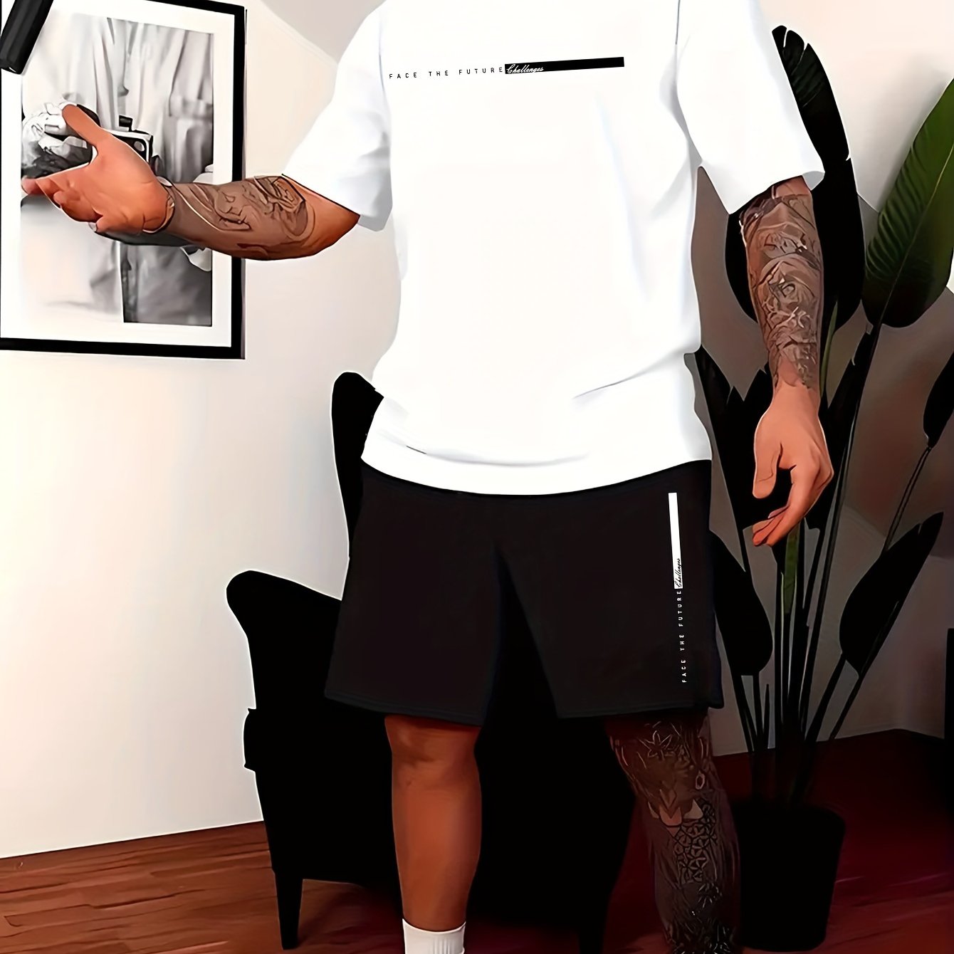 2Pcs Summer Comfy Outfits - Paris Pattern Print Short Sleeve Crew Neck T-shirt & Jogger Shorts Set for Men - Soft Slight Stretch Polyester Fabric, Regular Fit, Hand Washable, Casual Style