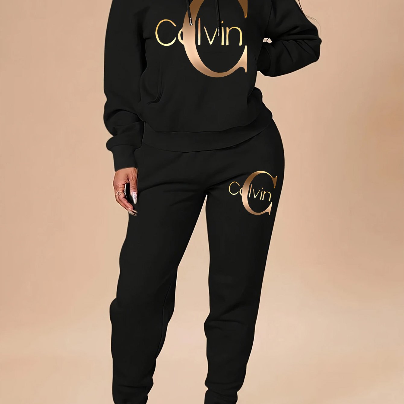Women'S Calvin Letter Print Hoodie & Pants Set - Black with Golden Accents, Casual Style, All-Season Comfort, Casual Wear|Graphic Print Hoodie|Casual Style Pants, Sweatshirt & Pants Set