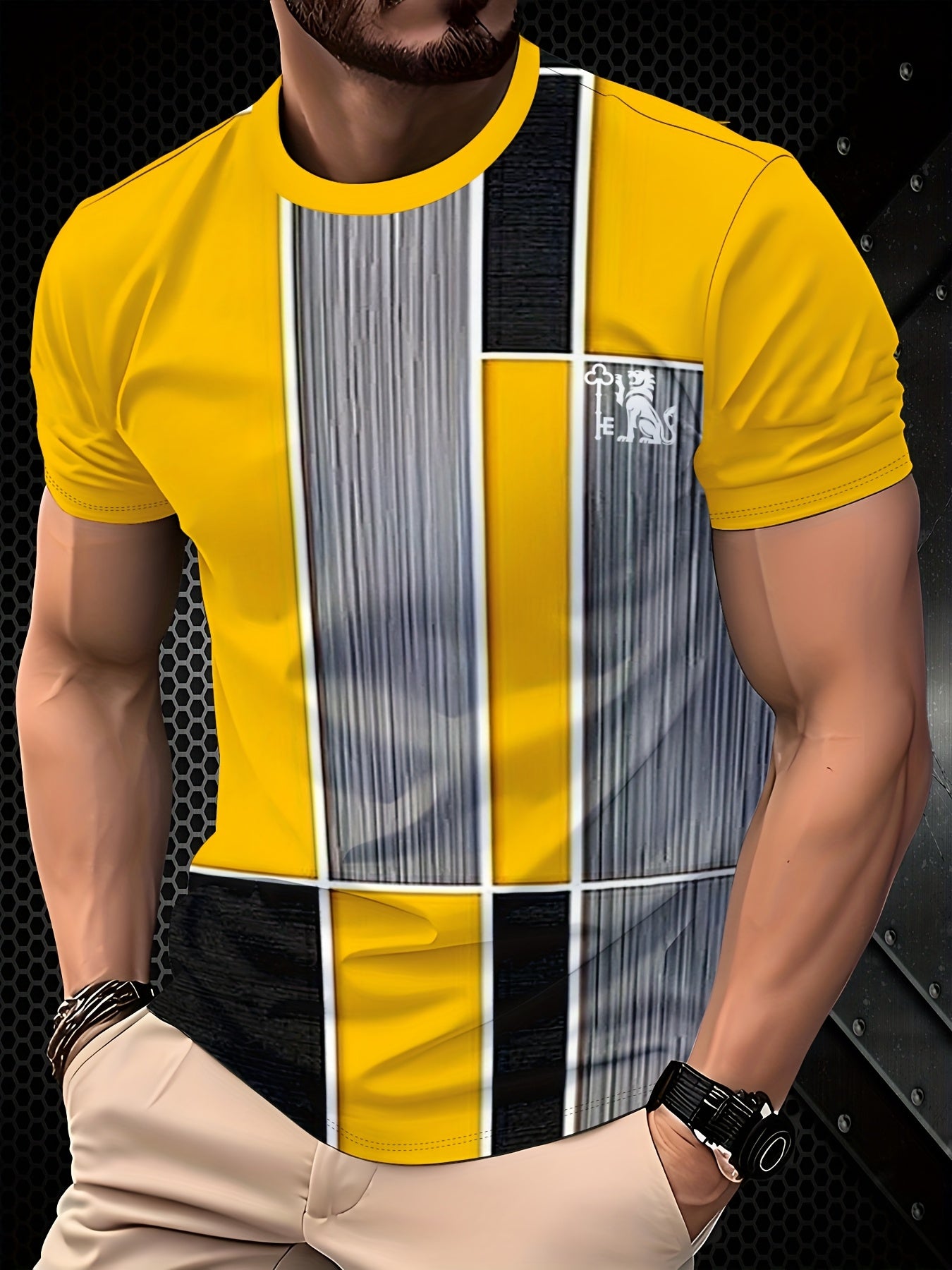 Men's 3D -Over Print Short Sleeve T-Shirt - Summer Breathable Round Neck Casual Streetwear Top with 3D Horizontal Stripes (Front/Back), Soft Machine-Washable Fabric Suitable for Young Men &