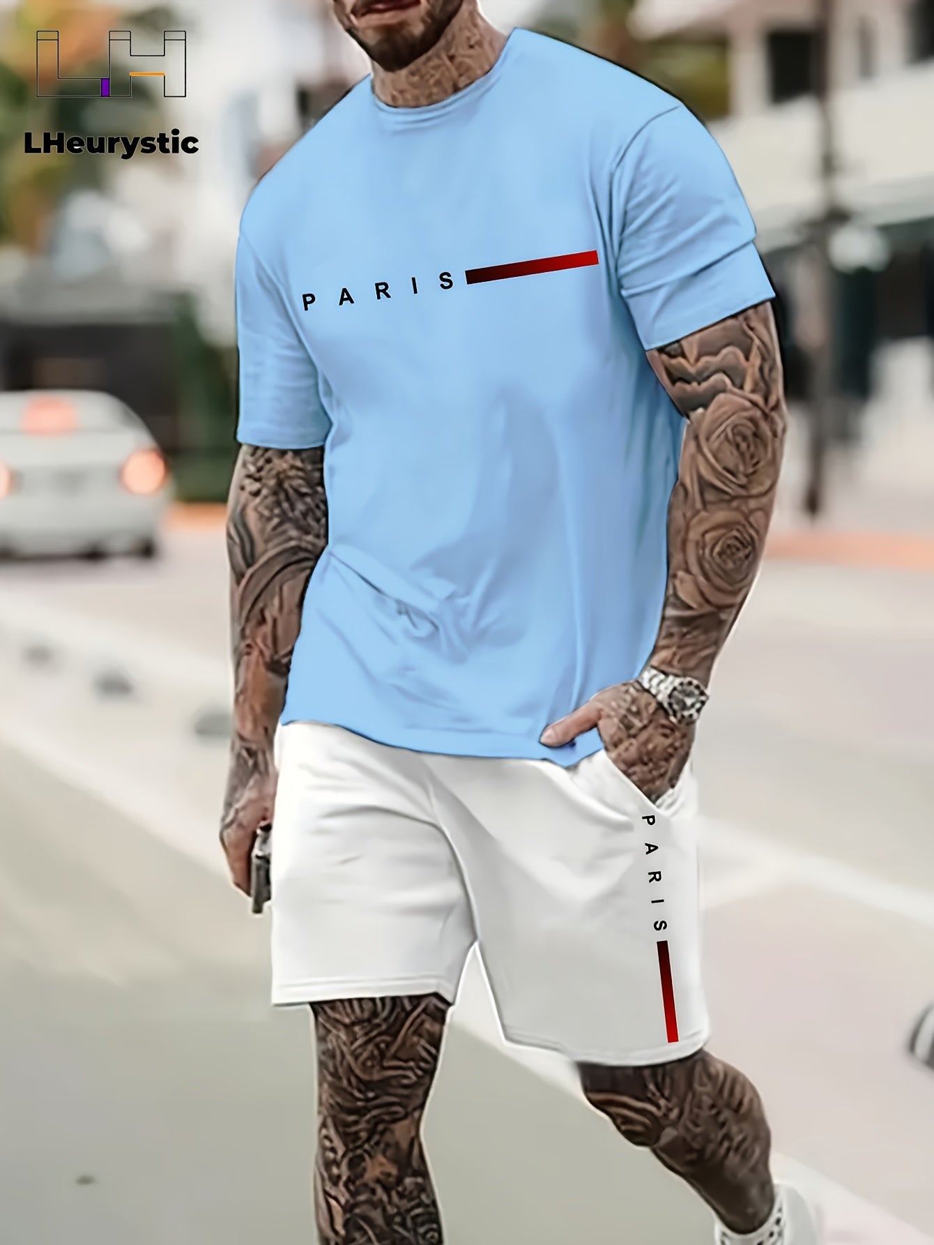 2pcs Paris Print Men's Short Sleeve T-shirt & Drawstring Shorts Casual Sports Regular Tee Top Pants Suit Outfits for Spring Summer