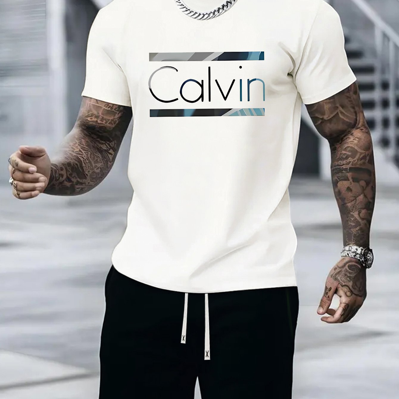 New Men's leisure sports and leisure suit crew neck t-shirt short sleeves + shorts, CALVIN letter geometric lines decorative printing, fashionable, comfortable and breathable, suitable for outdoor activities summer two