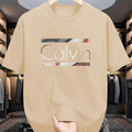 [Calvin T-Shirt] Calvin Men's Casual Short-Sleeve T-Shirt | Navy Blue Bold CALVIN Letter Print, Glossy Finish, Regular Fit Round Neck, Machine Washable All-Season Comfort, Easycare Clothing, Minimalistic Design, Smooth Textur