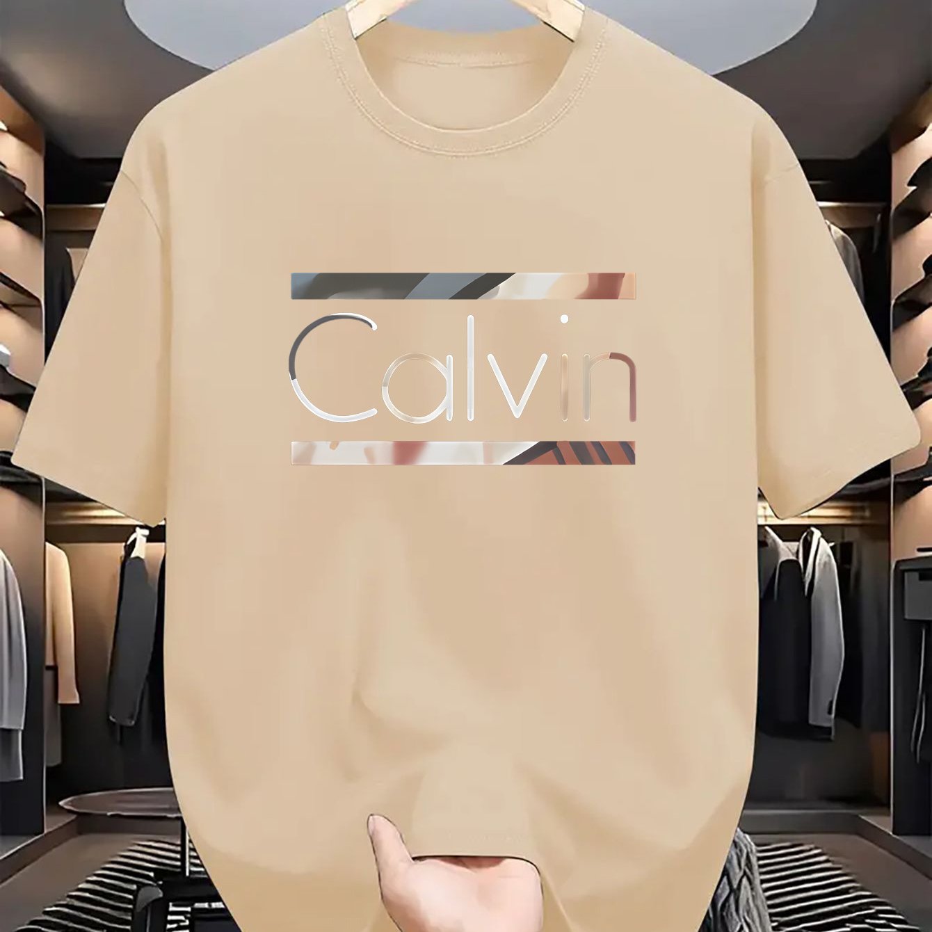 [Calvin T-Shirt] Calvin Men's Casual Short-Sleeve T-Shirt | Navy Blue Bold CALVIN Letter Print, Glossy Finish, Regular Fit Round Neck, Machine Washable All-Season Comfort, Easycare Clothing, Minimalistic Design, Smooth Textur