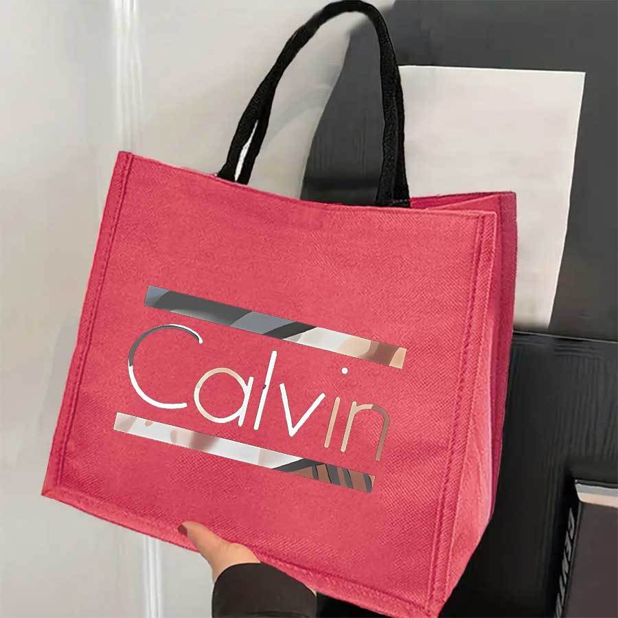 Calvin Print Large Capacity Tote Bag for Women - Vibrant Rose Red Durable Polyester Handbag with Bold CALVIN Lettering, Perfect for Weddings, Travel, Shopping & Daily Use, Modern Fashion Accessory, Smooth Texture Finish