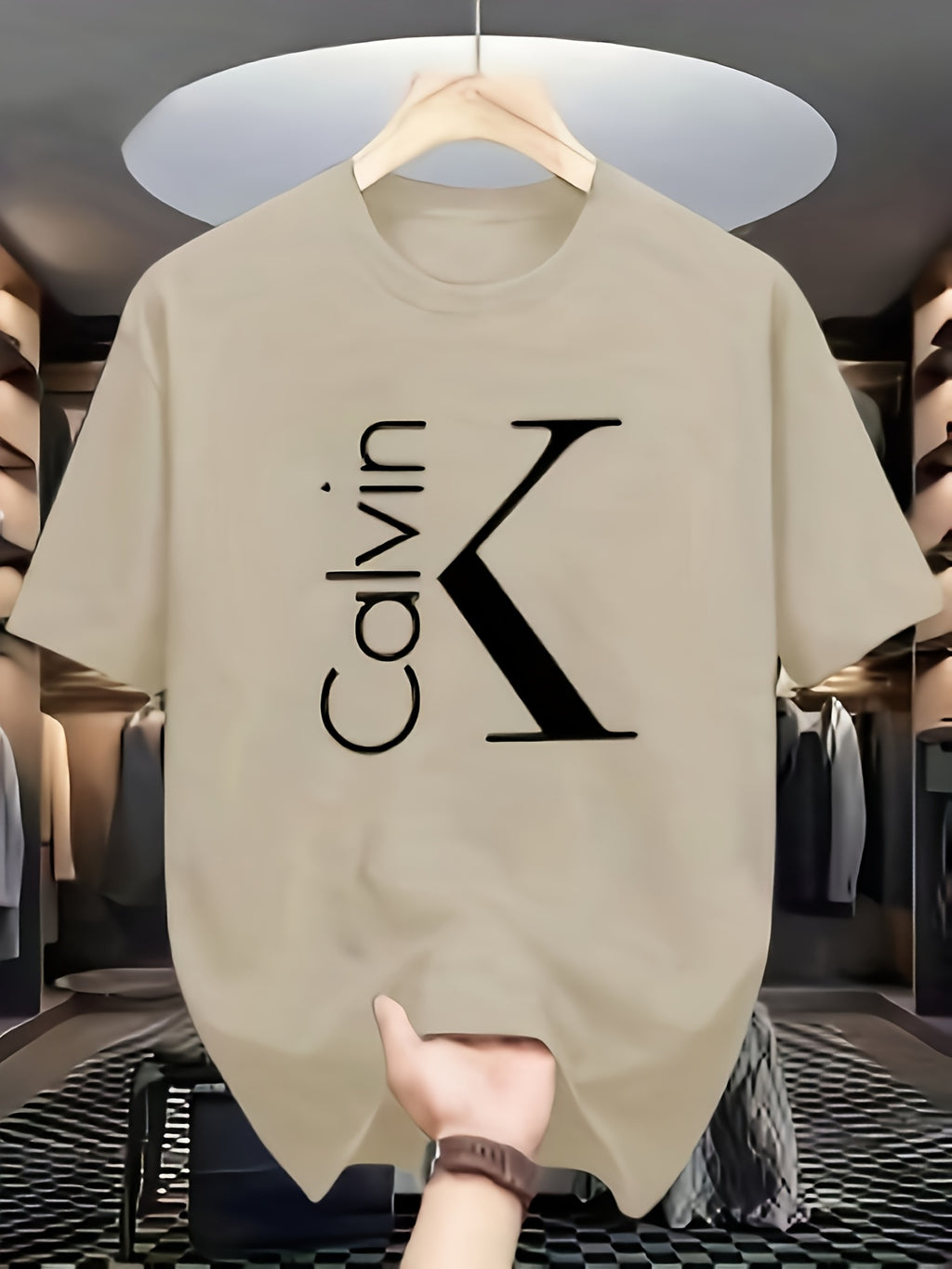 Men'S 180g Pure Cotton Business Casual T - Shirt, Featuring A Bold "Calvin" Print And Badge Design, Round - Neck Short - Sleeves, Versatile For Business, Perfect For Summer Daily Wear, Machine Washable, Suitable For All Seaso