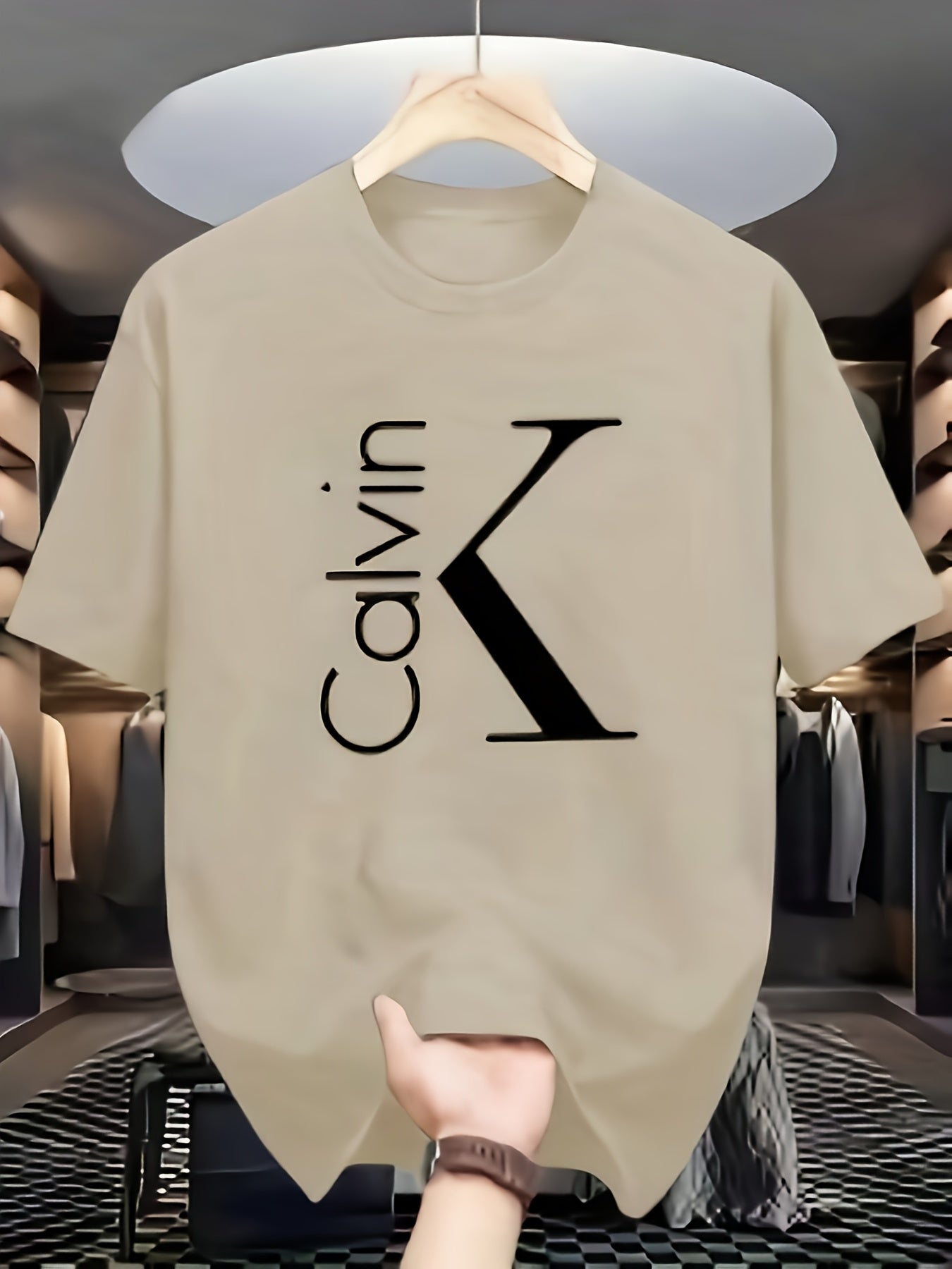 Men'S 180g Pure Cotton Business Casual T - Shirt, Featuring A Bold "Calvin" Print And Badge Design, Round - Neck Short - Sleeves, Versatile For Business, Perfect For Summer Daily Wear, Machine Washable, Suitable For All Seaso