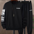 PARIS Print Men's 2-piece Streetwear Set, Men's Trendy Long Sleeve Round Neck Sweatshirt & Long Sports Trousers Set, Spring Fall Outfit