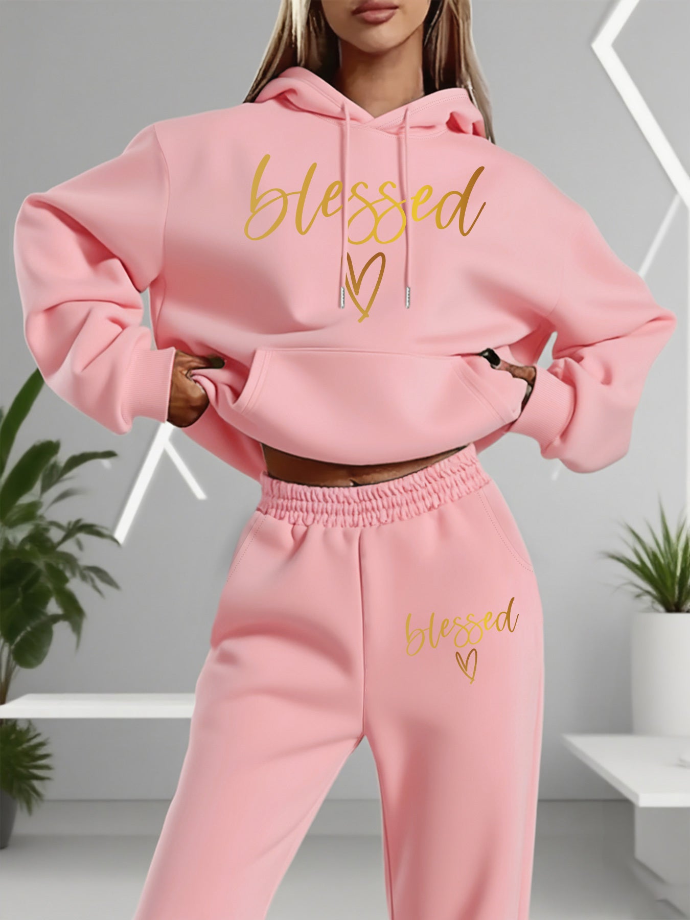 [Fleece-Lined | Casual Set] Fleece-Lined Women's Casual Hoodie & Pants Set - "Blessed" Graphic Print, Drawstring Waist, All-Season Comfort, Casual Attire, Wear, Style