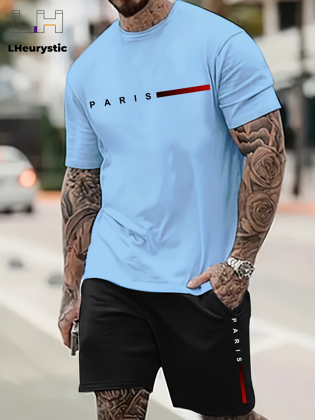 2pcs Paris Print Men's Short Sleeve T-shirt & Drawstring Shorts Casual Sports Regular Tee Top Pants Suit Outfits for Spring Summer