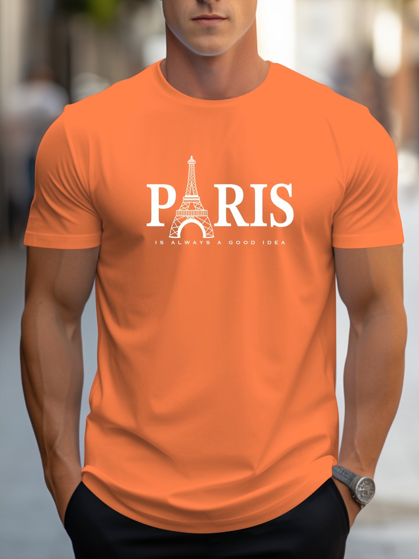 Men's Paris Eiffel Tower Graphic Tee - Casual Crew Neck, Short Sleeve T-Shirt with Stretch Fabric, Machine Washable - Summer Essential