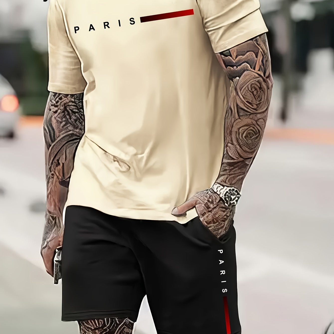 2pcs Paris Print Men's Short Sleeve T-shirt & Drawstring Shorts Casual Sports Regular Tee Top Pants Suit Outfits for Spring Summer