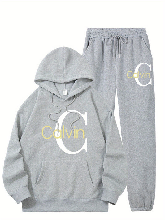Women'S Printed Sweatshirt & Pants Set - Gray Pullover with "Calvin" Logo, Kangaroo Pocket, Machine Washable, Casual Wear, Casual Wear|Graphic Hoodie|Machine Washable Top, Sweater Hoodie