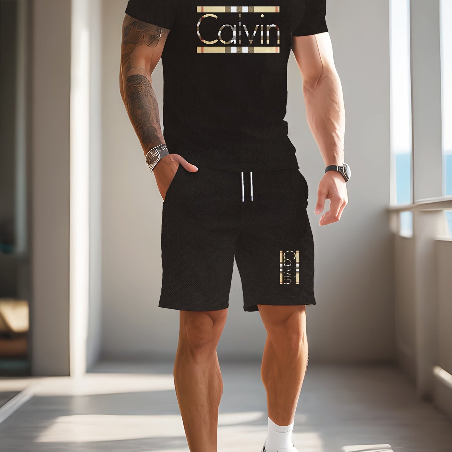 Men'S Casual Street Style 3D Quick-Dry Crew Neck Short Sleeve T-Shirt & Beach Shorts Set - Vibrant Pink with "Calvin" Letter Print, Lightweight Summer Outfit for Casual Attire, Beach Attire|Vibrant Print Tee|Lightweight Fabri