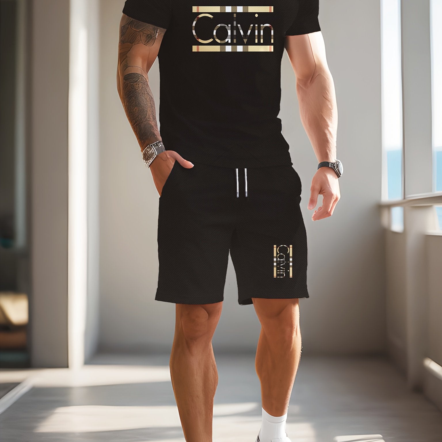 Men'S Casual Street Style 3D Quick-Dry Crew Neck Short Sleeve T-Shirt & Beach Shorts Set - Vibrant Pink with "Calvin" Letter Print, Lightweight Summer Outfit for Casual Attire, Beach Attire|Vibrant Print Tee|Lightweight Fabri
