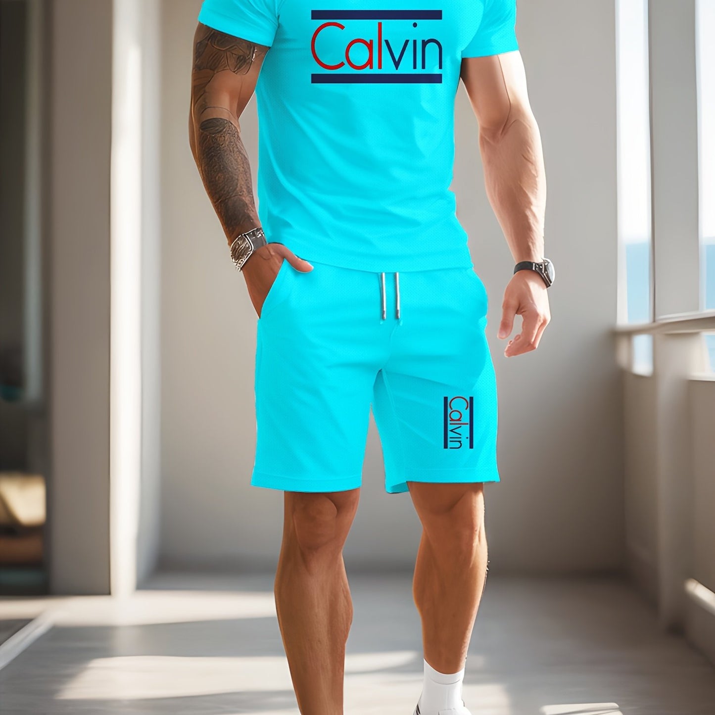 Men'S Casual Street Style 3D Quick-Dry Crew Neck Short Sleeve T-Shirt & Beach Shorts Set - Vibrant Pink with "Calvin" Letter Print, Lightweight Summer Outfit for Casual Attire, Beach Attire|Vibrant Print Tee|Lightweight Fabri