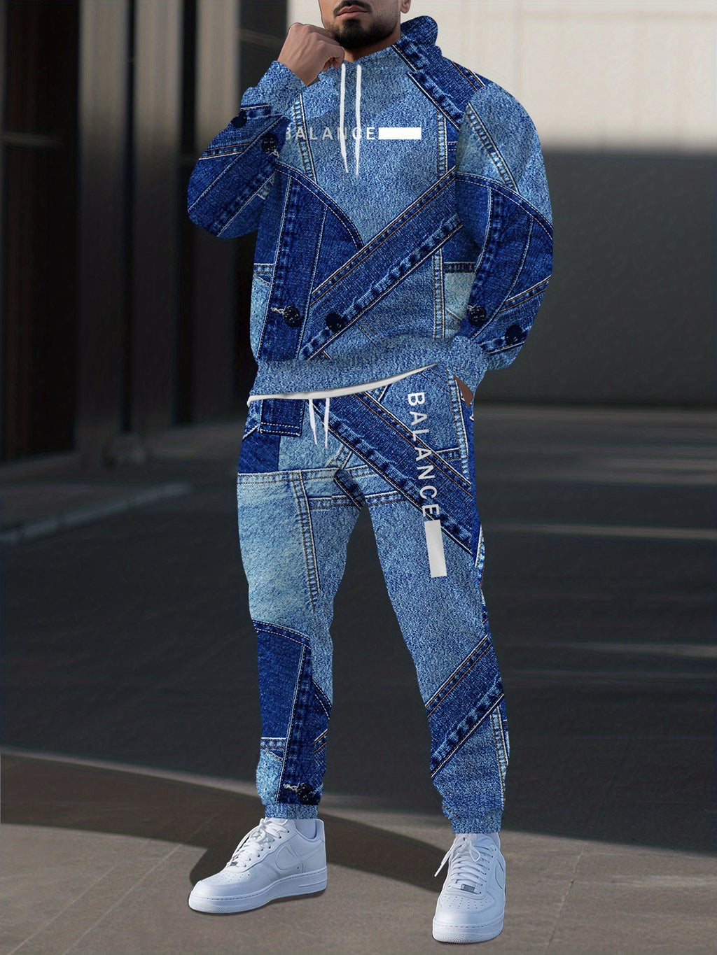 New Blue Denim Patchwork Style Pattern Digital Print Sportswear Set Hooded Sweatshirt + Jogger 2pcs Set with Letter Design and White Stripe Print Fashion Casual Long Sleeve Hoodie and Pants Set
