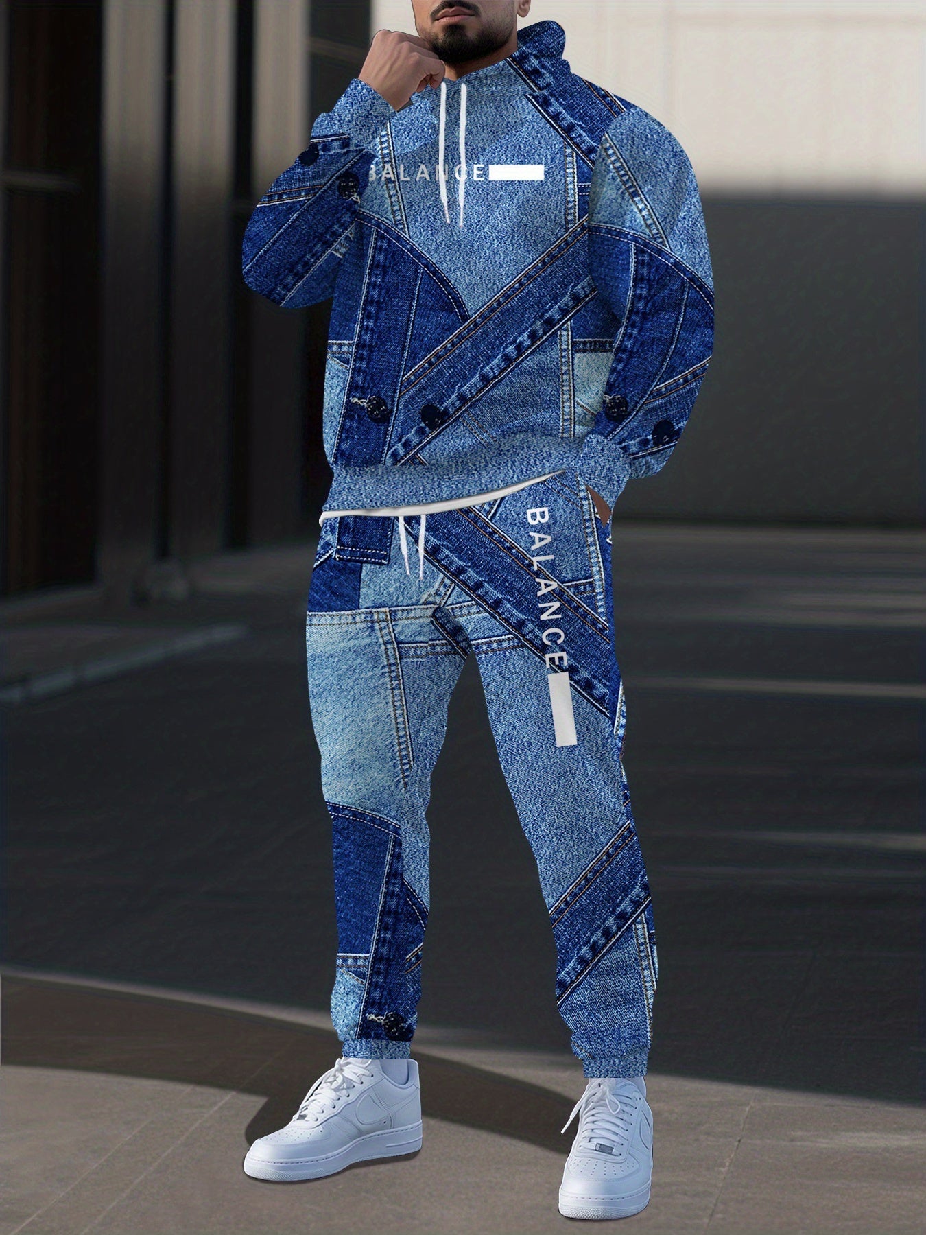 New Blue Denim Patchwork Style Pattern Digital Print Sportswear Set Hooded Sweatshirt + Jogger 2pcs Set with Letter Design and White Stripe Print Fashion Casual Long Sleeve Hoodie and Pants Set