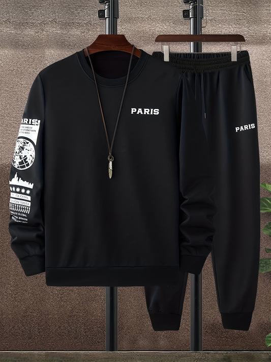 PARIS Print Men's 2-piece Streetwear Set, Men's Trendy Long Sleeve Round Neck Sweatshirt & Long Sports Trousers Set, Spring Fall Outfit