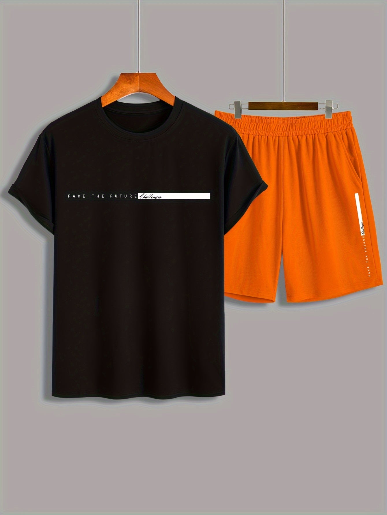 2Pcs Summer Comfy Outfits - Paris Pattern Print Short Sleeve Crew Neck T-shirt & Jogger Shorts Set for Men - Soft Slight Stretch Polyester Fabric, Regular Fit, Hand Washable, Casual Style