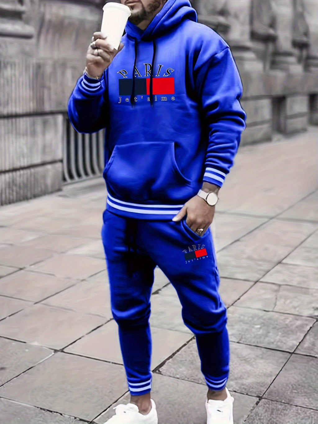 2-piece PARIS Print Men's Spring Fall Sports Outfit Set, Men's Hooded Sweatshirt With Kangaroo Pocket & Drawstring Sweatpants Set