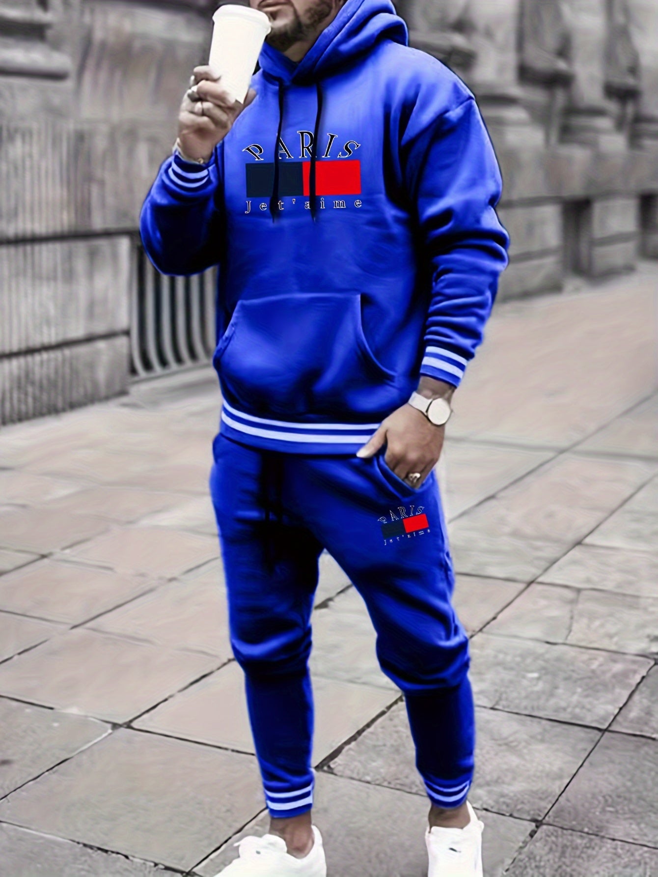 2-piece PARIS Print Men's Spring Fall Sports Outfit Set, Men's Hooded Sweatshirt With Kangaroo Pocket & Drawstring Sweatpants Set