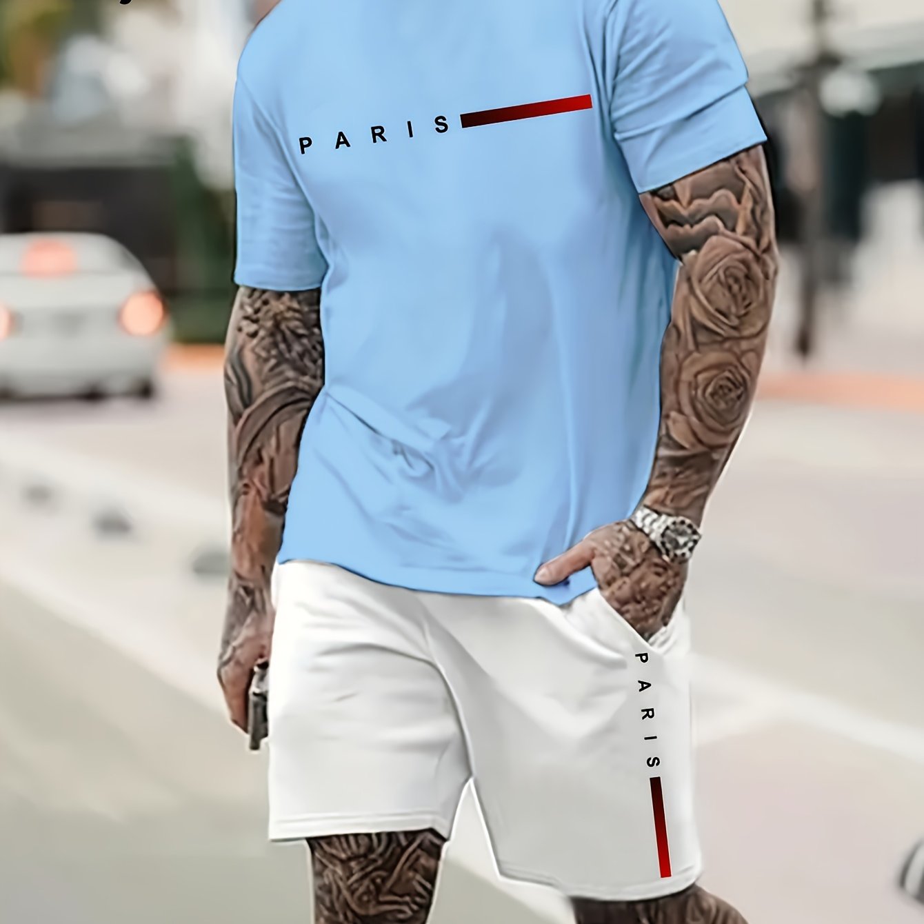 2pcs Paris Print Men's Short Sleeve T-shirt & Drawstring Shorts Casual Sports Regular Tee Top Pants Suit Outfits for Spring Summer