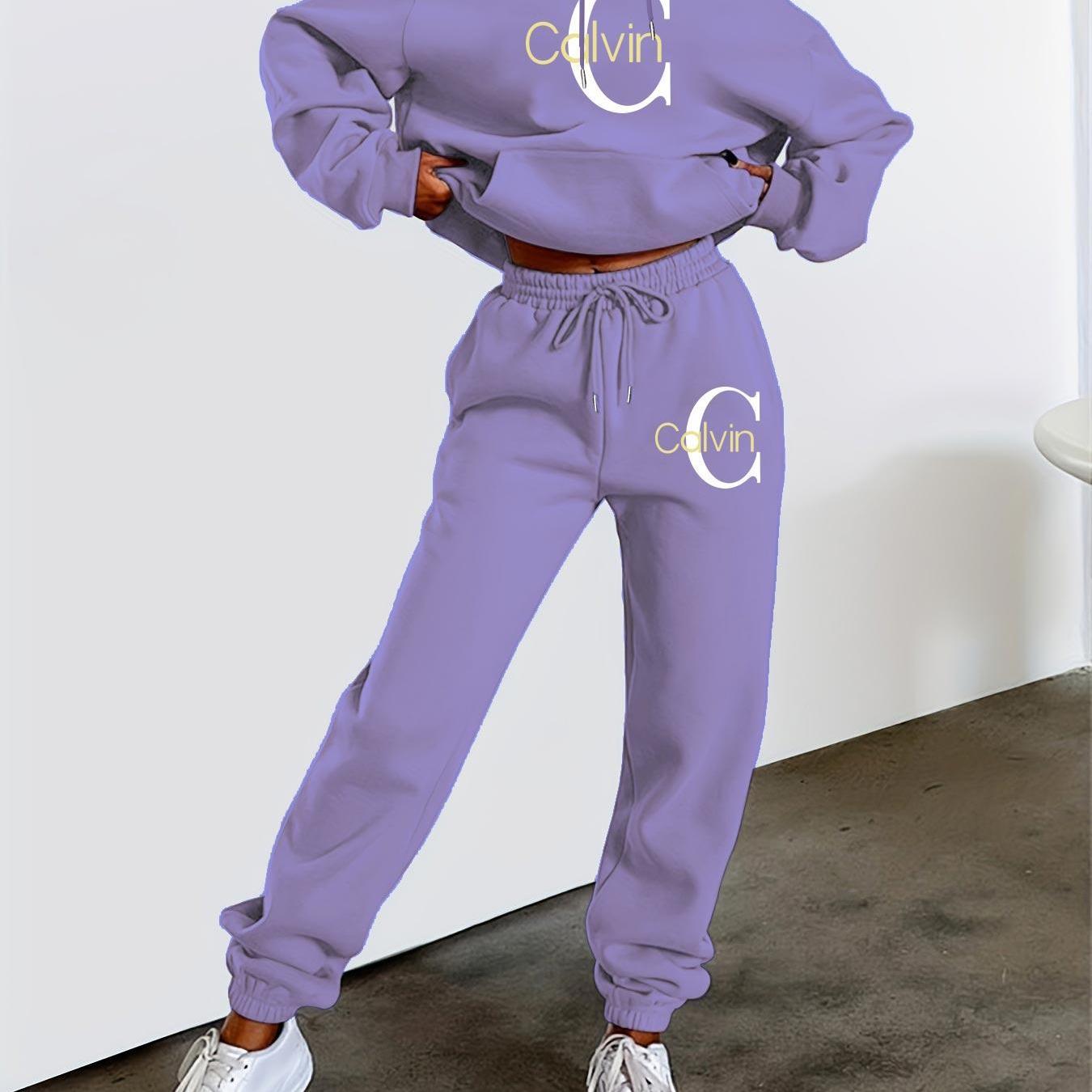 Women'S Printed Sweatshirt & Pants Set - Gray Pullover with "Calvin" Logo, Kangaroo Pocket, Machine Washable, Casual Wear, Casual Wear|Graphic Hoodie|Machine Washable Top, Sweater Hoodie