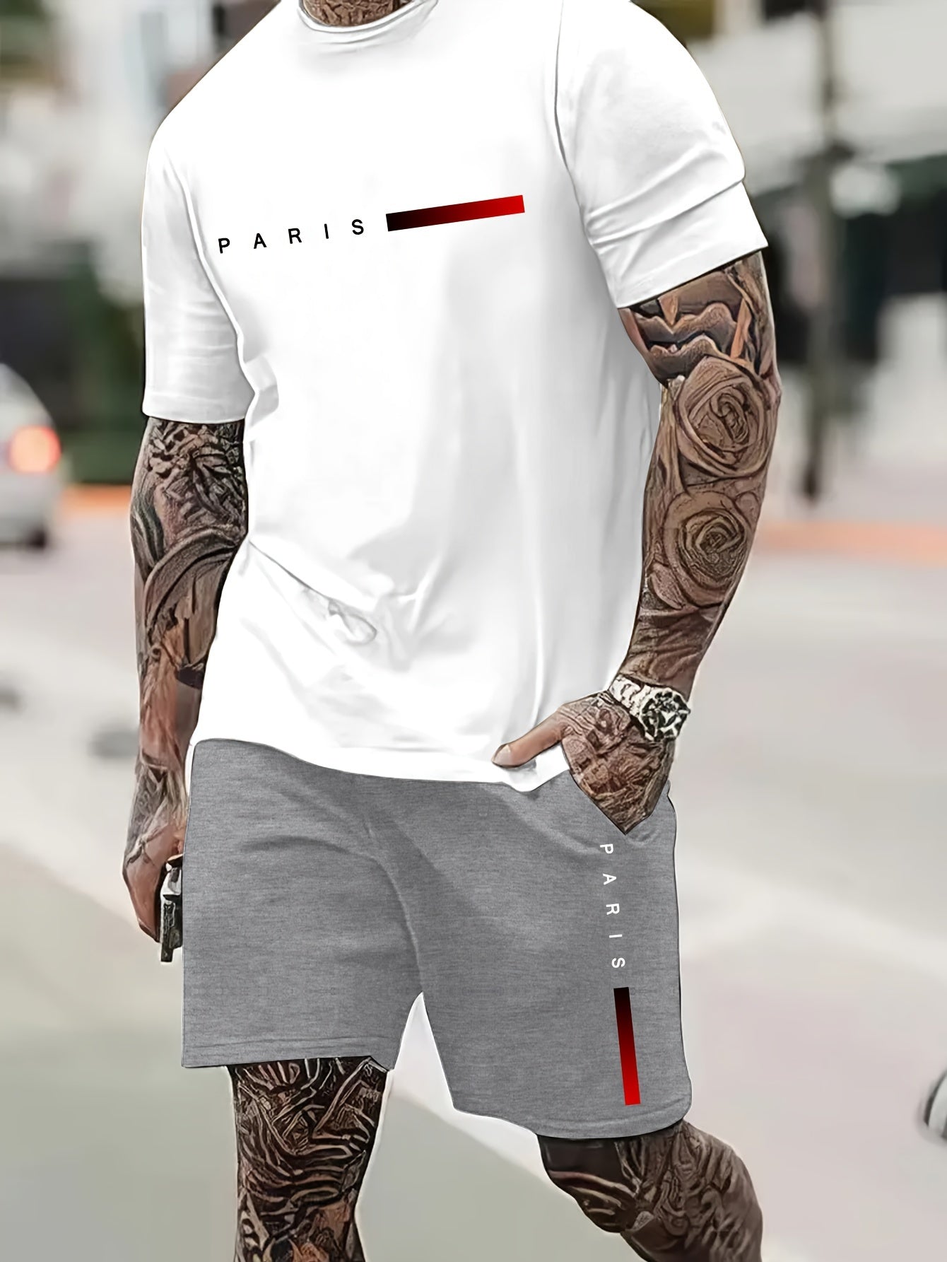 2Pcs Summer Comfy Outfits - Paris Pattern Print Short Sleeve Crew Neck T-shirt & Jogger Shorts Set for Men - Soft Slight Stretch Polyester Fabric, Regular Fit, Hand Washable, Casual Style