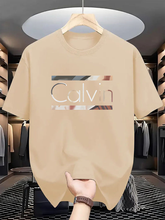 [Calvin T-Shirt] Calvin Men's Casual Short-Sleeve T-Shirt | Navy Blue Bold CALVIN Letter Print, Glossy Finish, Regular Fit Round Neck, Machine Washable All-Season Comfort, Easycare Clothing, Minimalistic Design, Smooth Textur