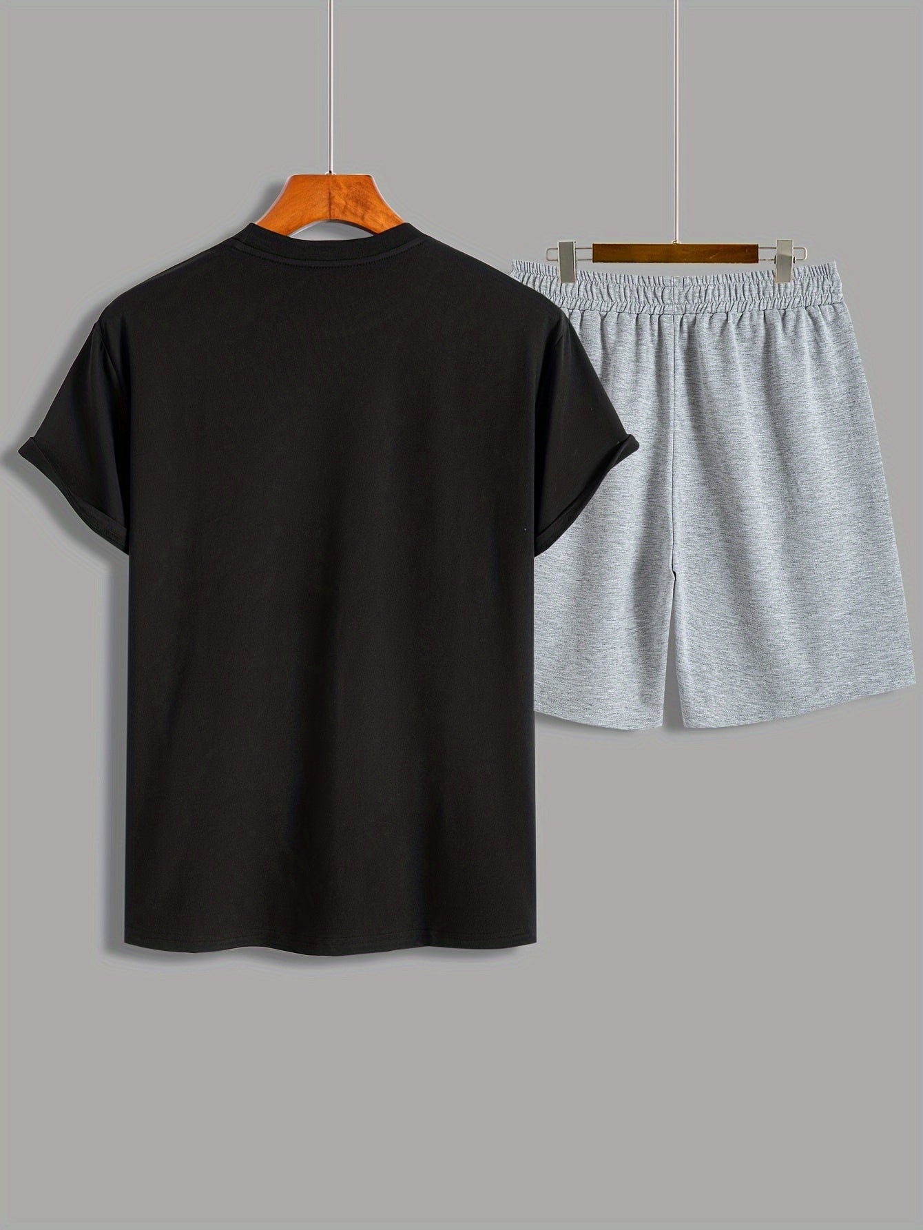 2Pcs Summer Comfy Outfits - Paris Pattern Print Short Sleeve Crew Neck T-shirt & Jogger Shorts Set for Men - Soft Slight Stretch Polyester Fabric, Regular Fit, Hand Washable, Casual Style