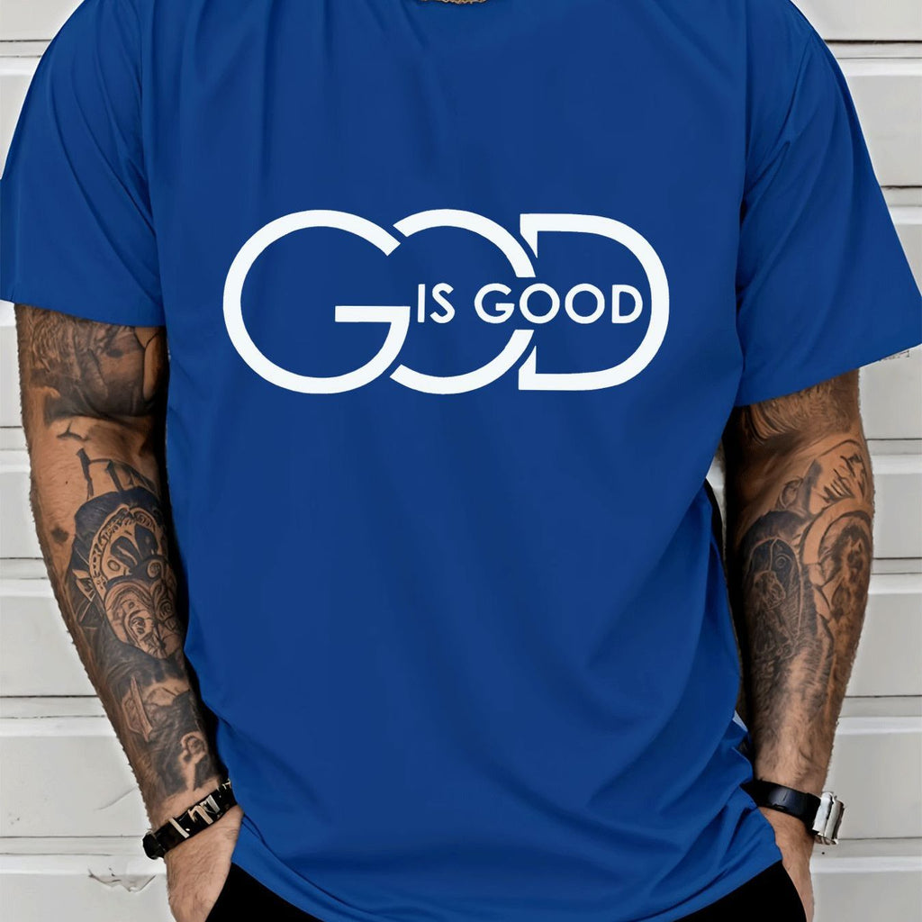 Men'S Casual Graphic Tee Featuring a Crew Neck Design with The Phrase 'God Is Good', Perfect for Street Style Fashion